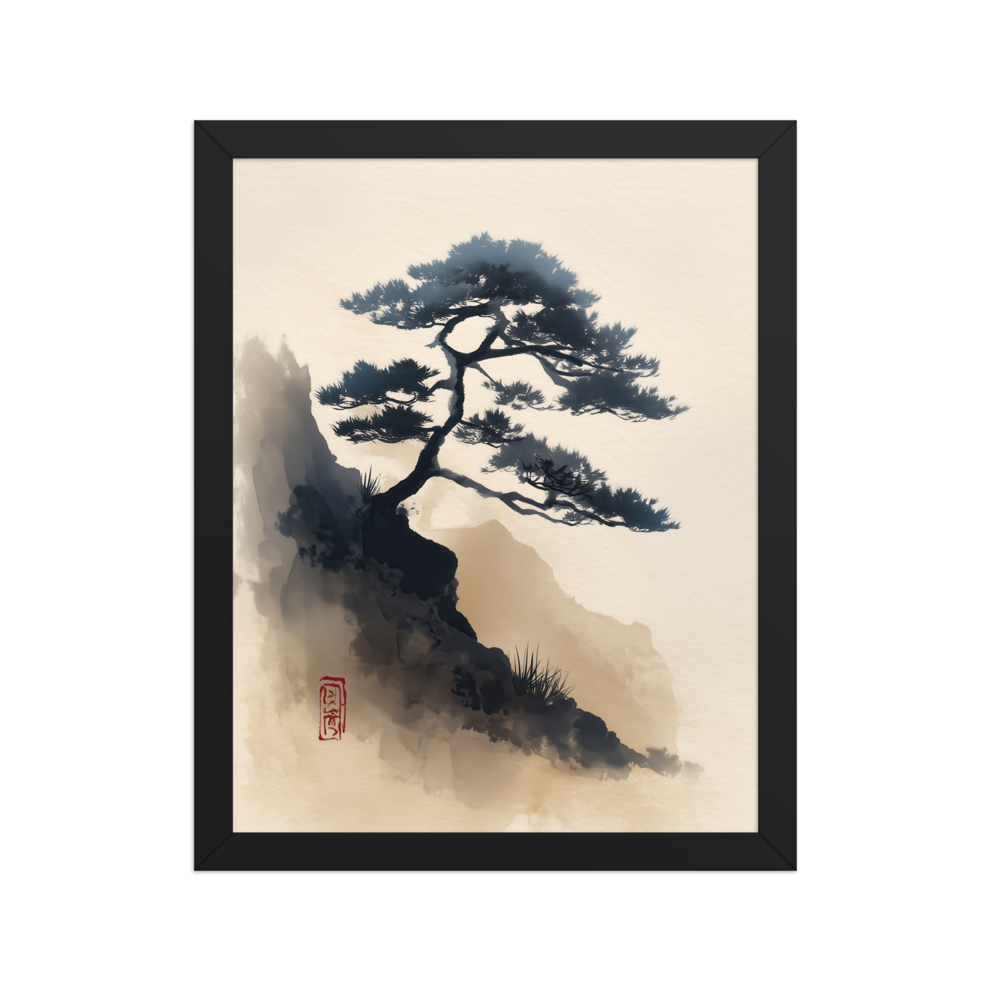 enhanced-matte-paper-framed-poster-in-black-11x14-front-68f87d0d3c082.jpg Mountain Pine in Soft Ink — Sumi-e Japanese Landscape Wall Decor — Framed Poster - Image 2