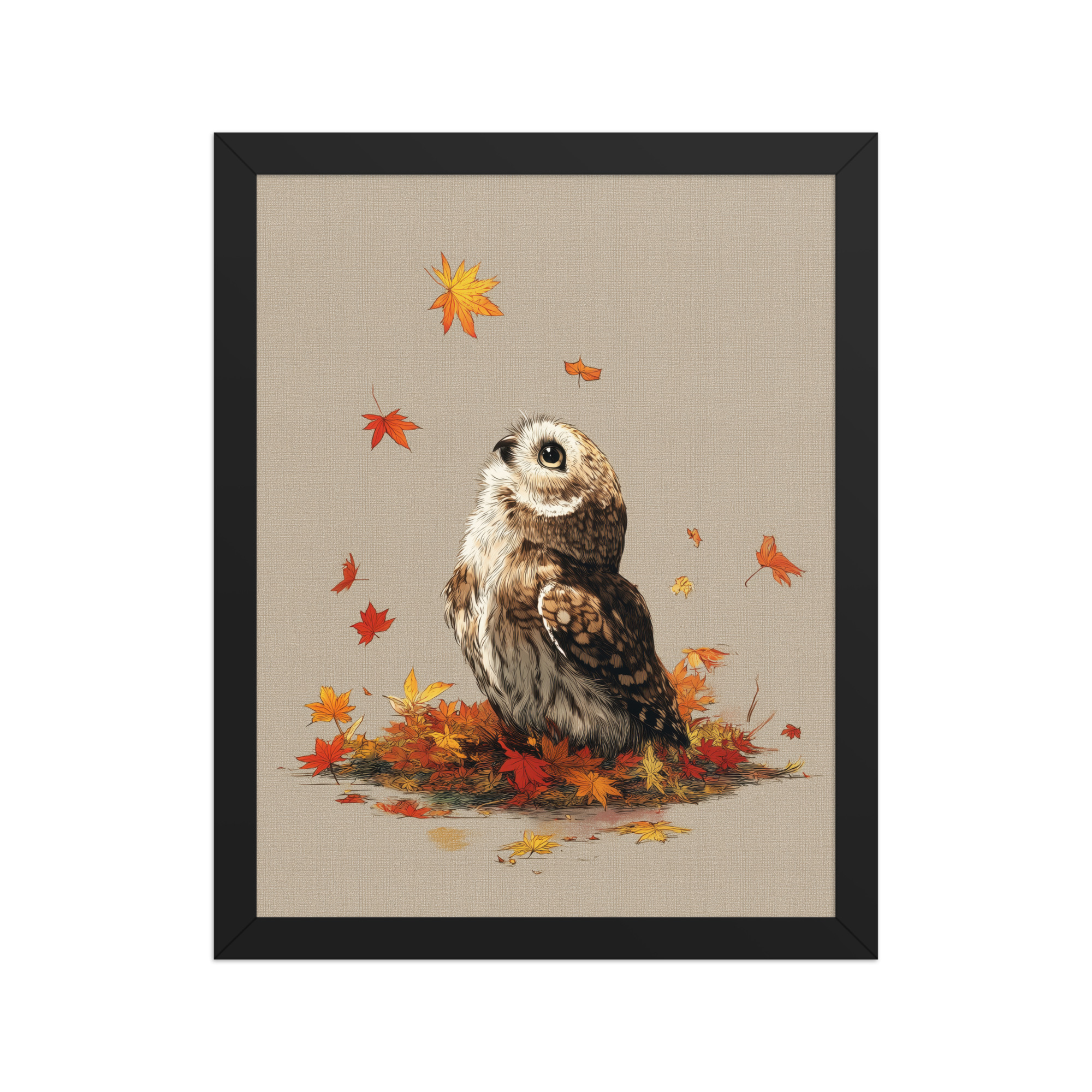 enhanced-matte-paper-framed-poster-in-black-11x14-front-68f89a1ad81d8.jpg Autumn Gaze Owl — Owl Illustration with Falling Leaves Wall Art — Framed Poster - Image 3