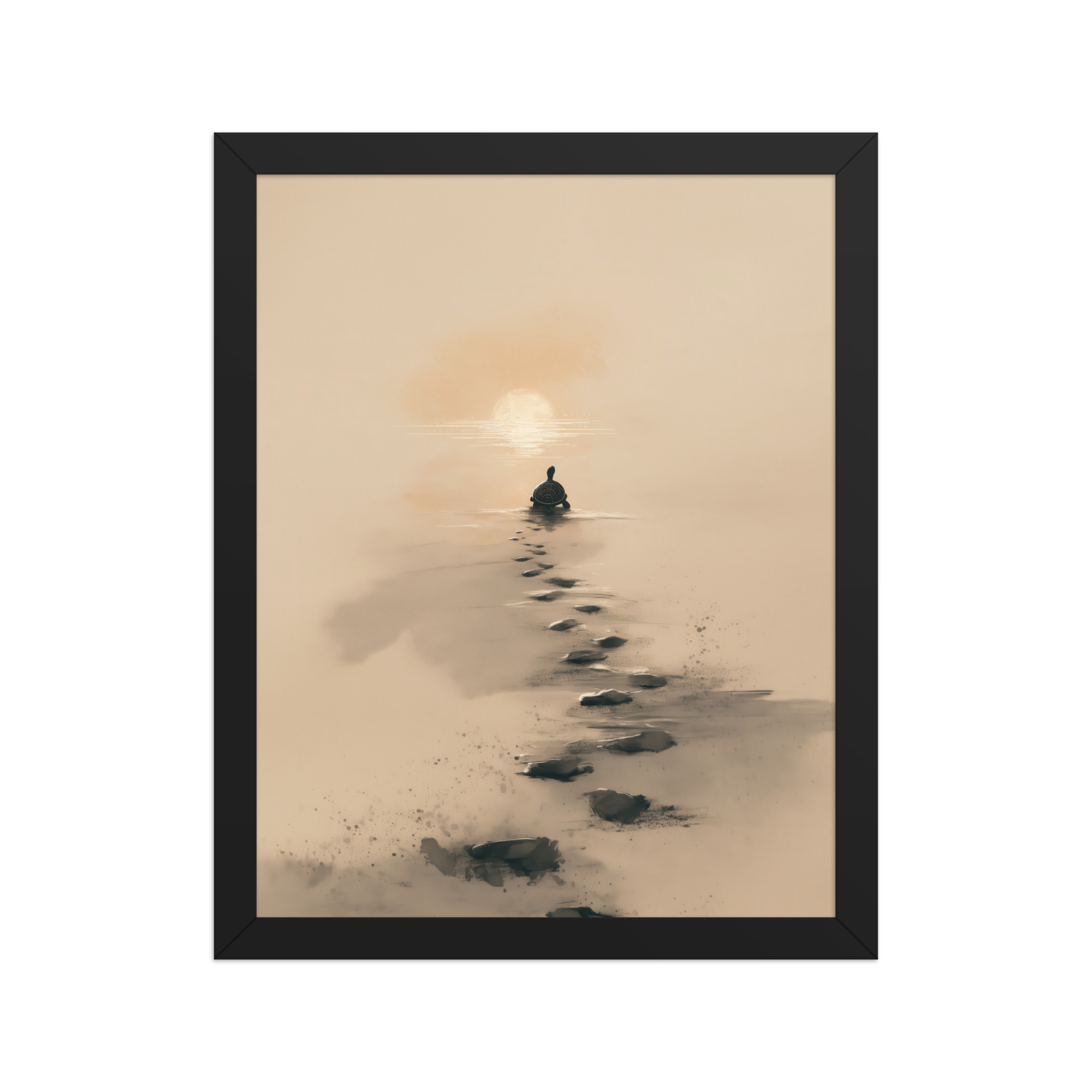 enhanced-matte-paper-framed-poster-in-black-11x14-front-68f8a9c6854df.jpg Turtle Sunset Path — Minimalist Japandi Turtle with Footprints Beach Sunset Wall Decor — Framed Poster - Image 3
