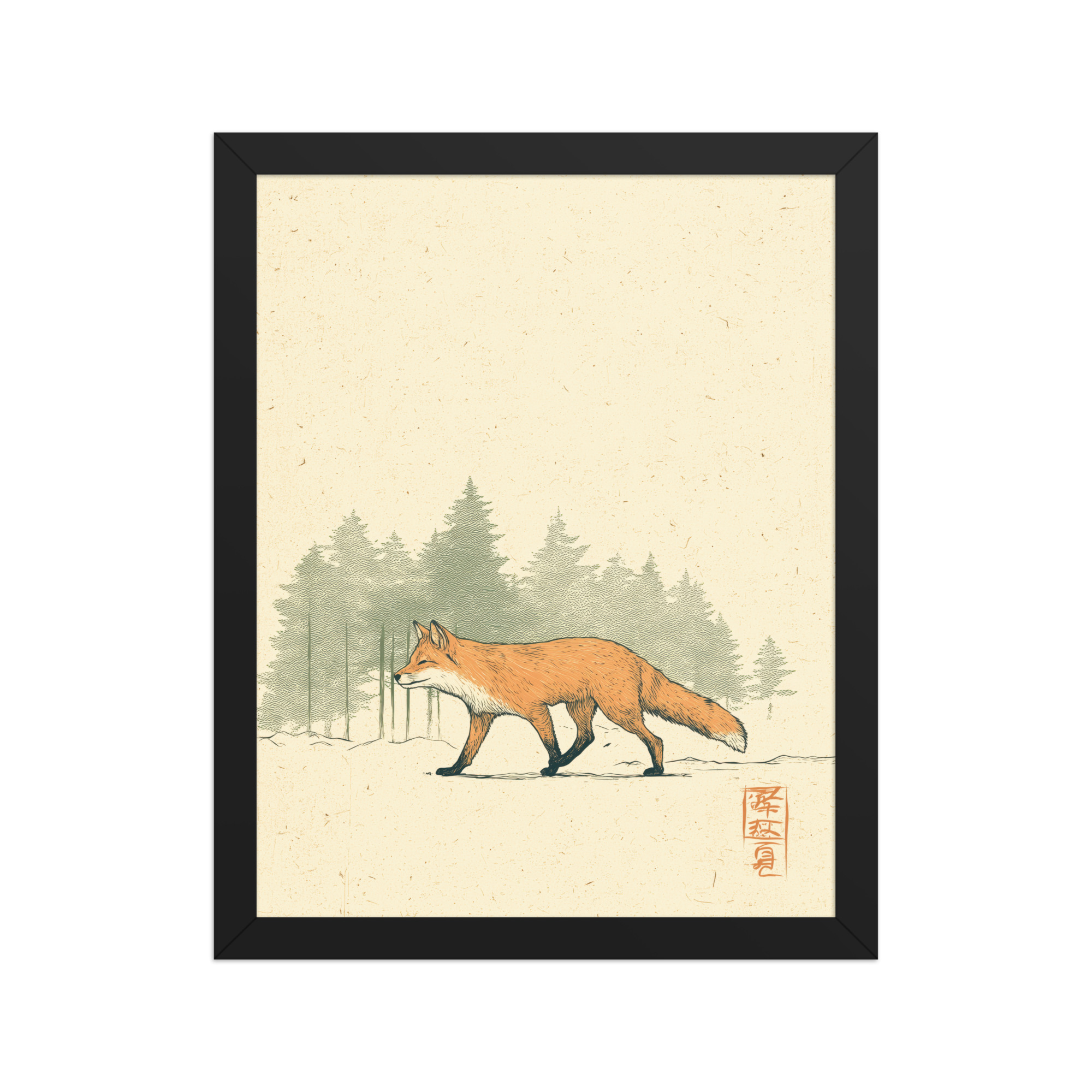 enhanced-matte-paper-framed-poster-in-black-11x14-front-68f9031fcfc73.jpg Fox in Pines — Red Fox Illustration on Textured Paper Wall Decor — Framed Poster - Image 3