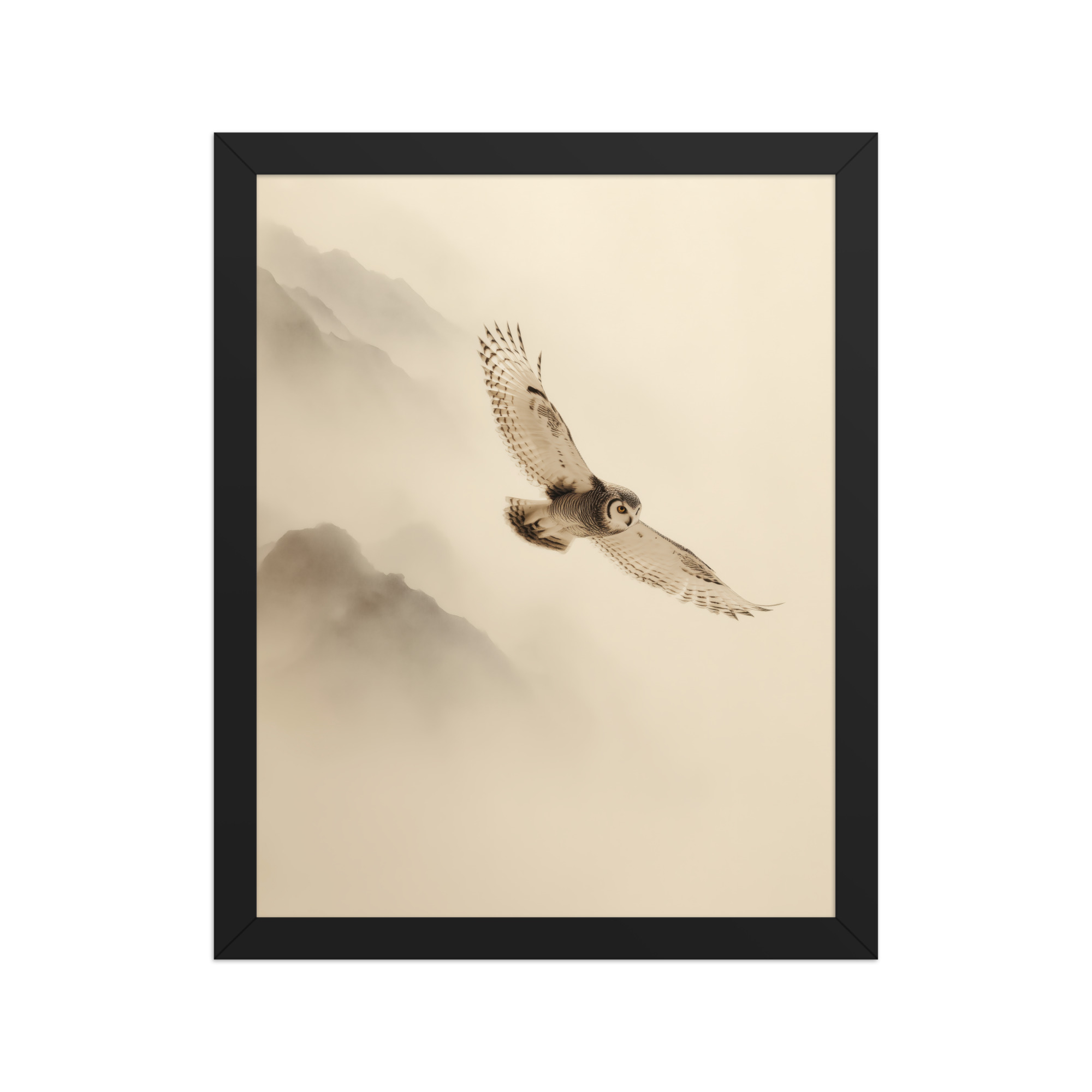 enhanced-matte-paper-framed-poster-in-black-11x14-front-68f904c80d481.jpg Flight Through Mist — Owl in Motion Wildlife Wall Art — Framed Poster - Image 2