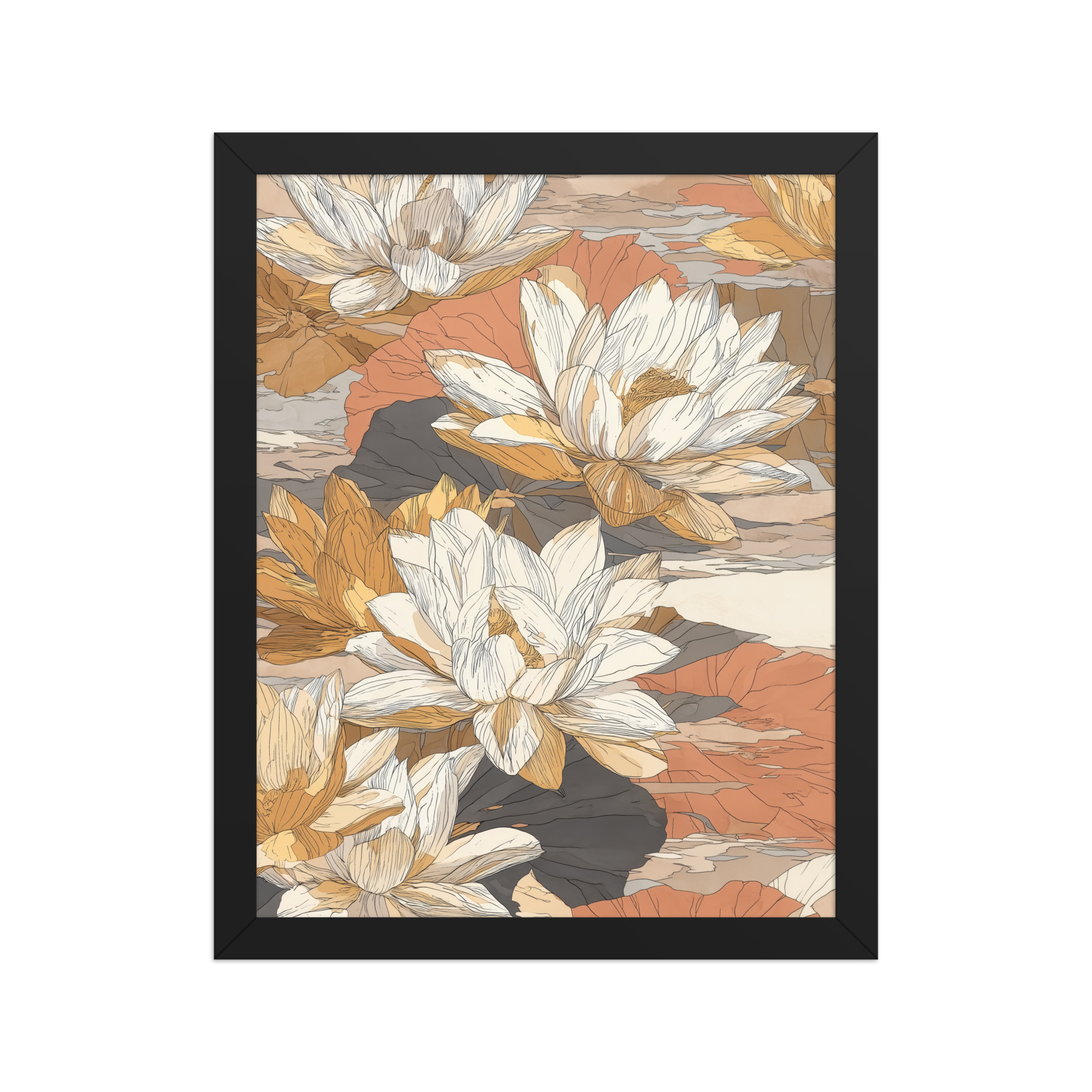 enhanced-matte-paper-framed-poster-in-black-11x14-front-68f922f46163a.jpg Lotus Blossom Pattern — Warm Terracotta Floral Wall Art — Framed Poster - Image 2