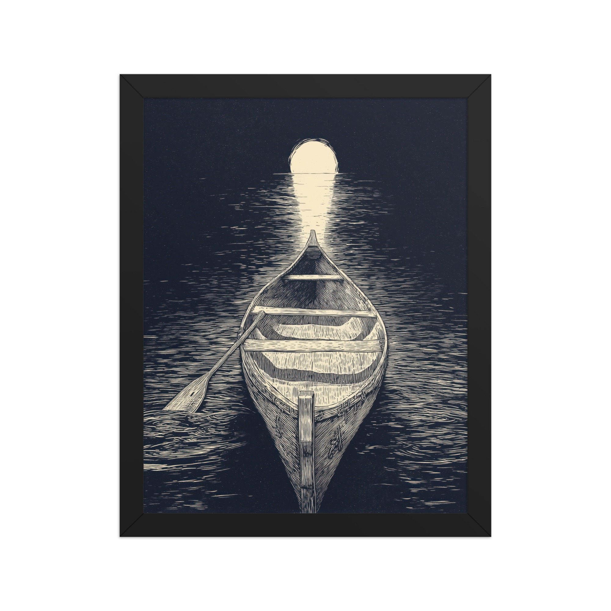 enhanced-matte-paper-framed-poster-in-black-11x14-front-68f9cc5aaa2b1.jpg Moonlit Canoe — Woodcut Night Lake Wall Art — Framed Poster - Image 2