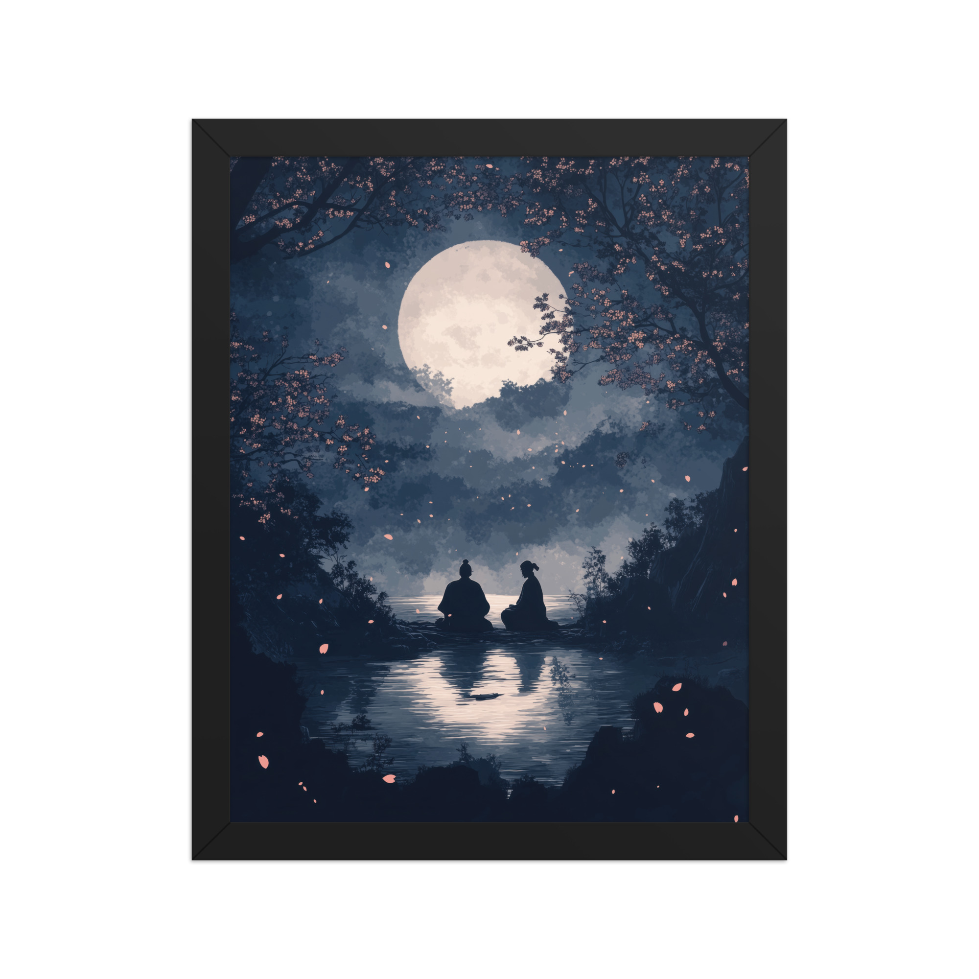 enhanced-matte-paper-framed-poster-in-black-11x14-front-68f9ce45ddf2e.jpg Midnight Reflections — Moonlit Lake Sakura Wall Art — Framed Poster - Image 2