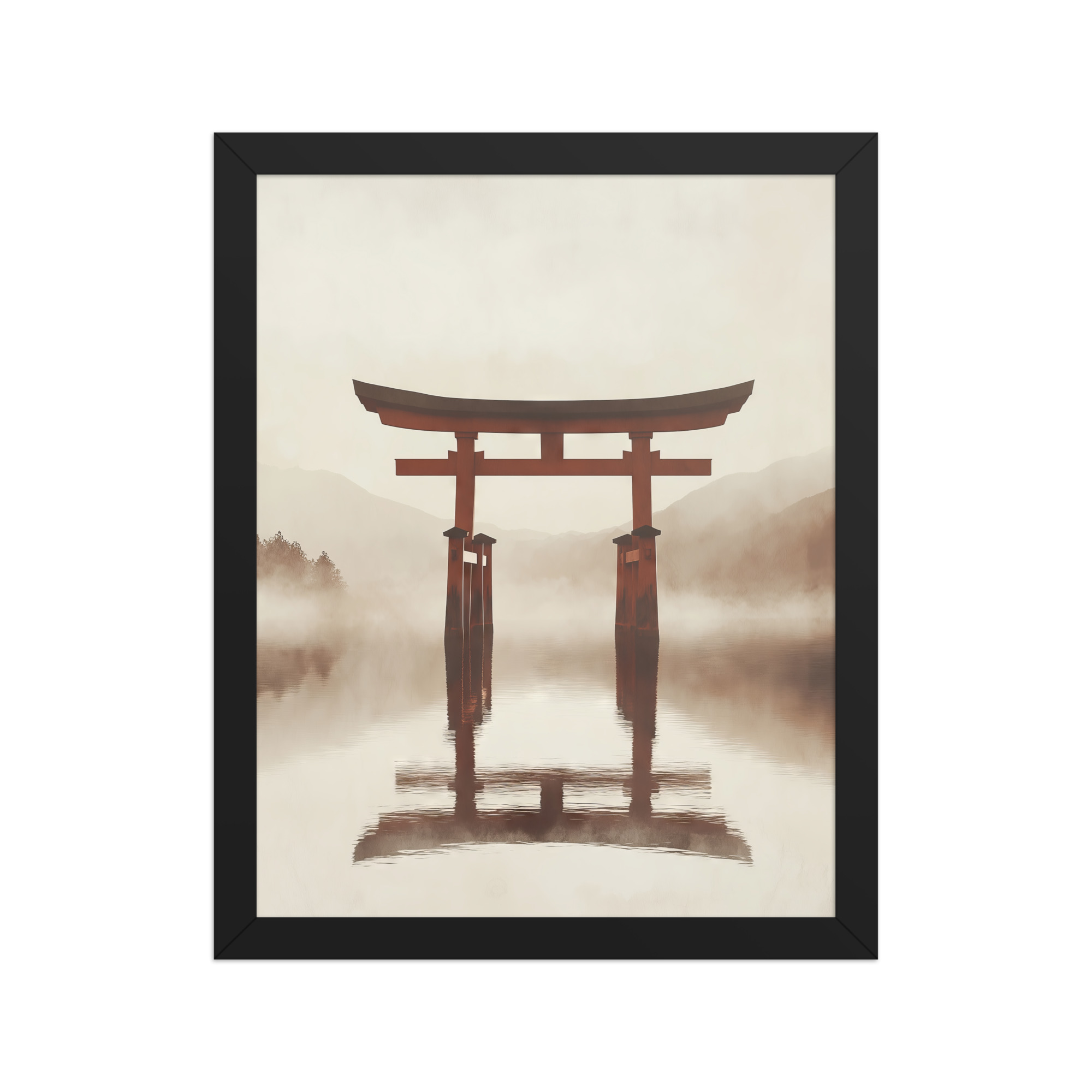 enhanced-matte-paper-framed-poster-in-black-11x14-front-68f9cfe670e45.jpg Torii Reflections — Minimal Misty Lake Wall Art — Framed Poster - Image 3
