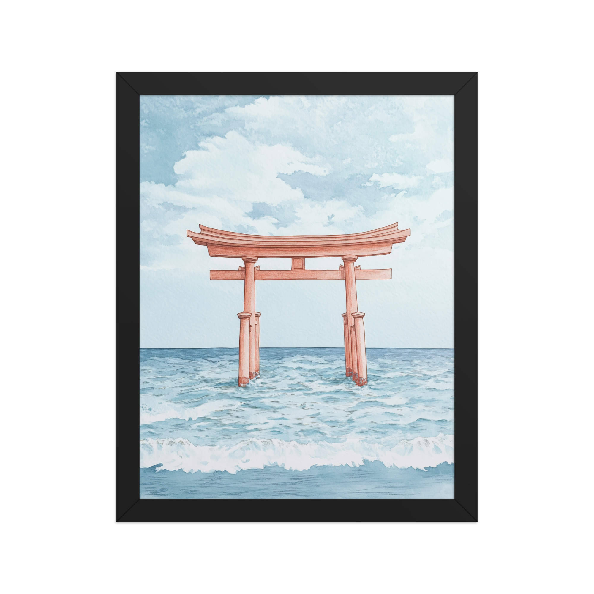 enhanced-matte-paper-framed-poster-in-black-11x14-front-68f9d2fcce6e6.jpg Torii Gate Waves — Coastal Shinto Shrine Wall Decor — Framed Poster - Image 3