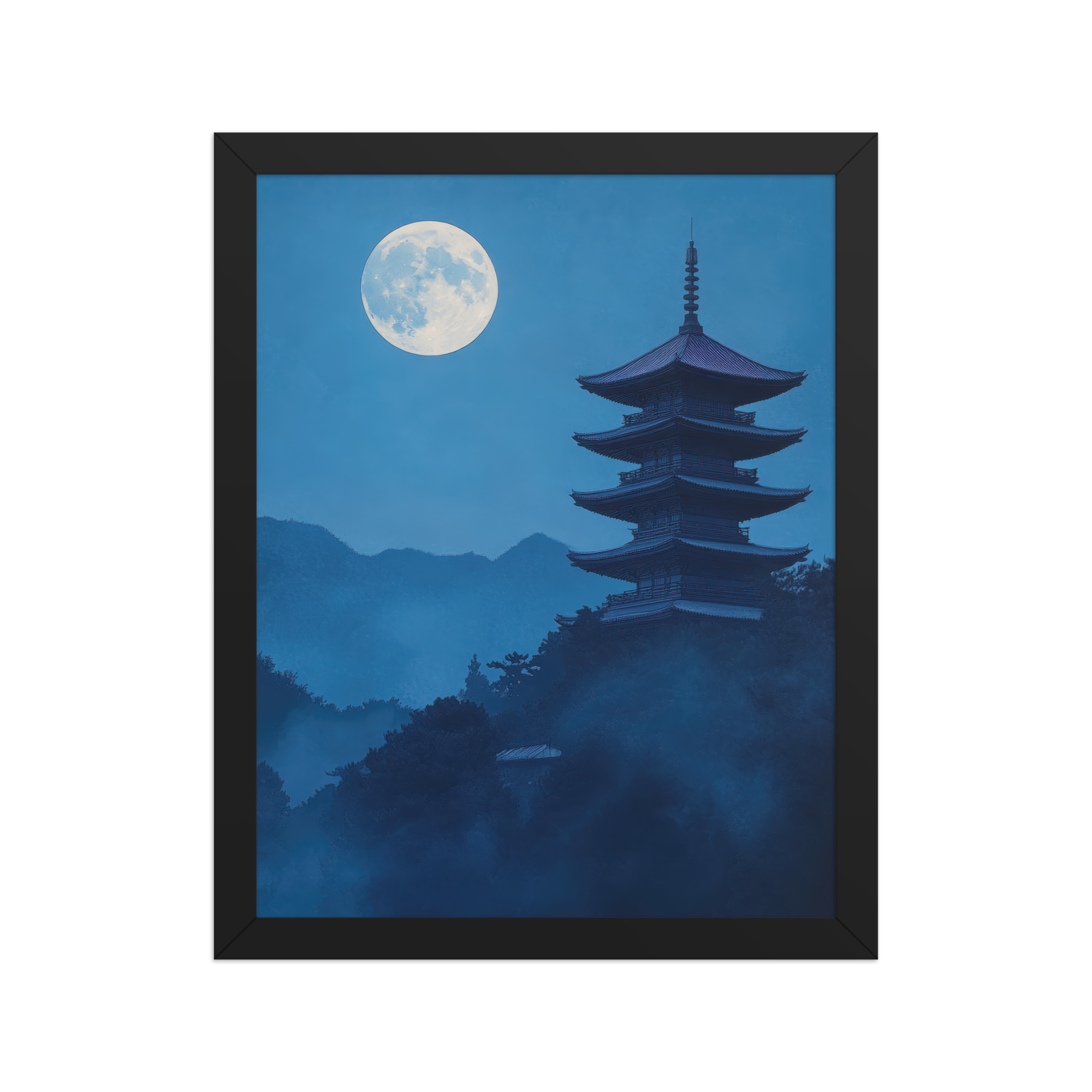 enhanced-matte-paper-framed-poster-in-black-11x14-front-68f9d4a4cbc01.jpg Twilight Pagoda Stillness — Moonlit Temple Wall Decor — Framed Poster - Image 2