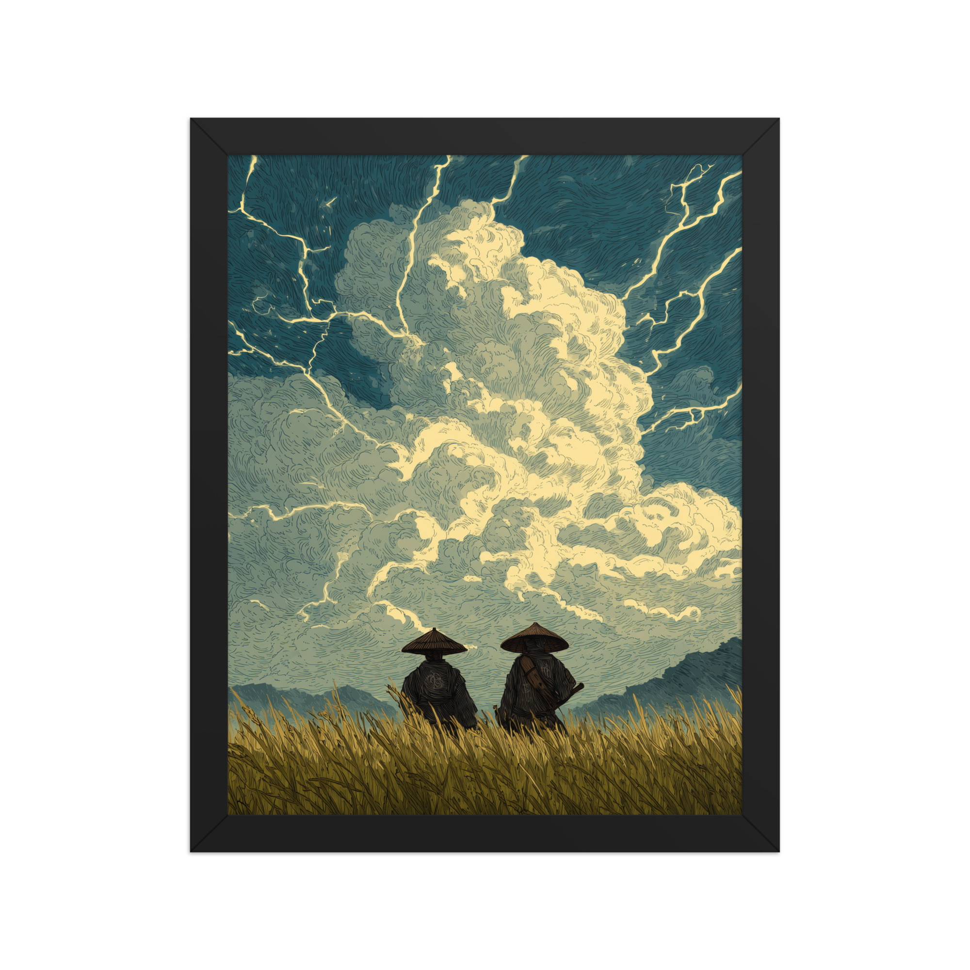 enhanced-matte-paper-framed-poster-in-black-11x14-front-68f9f1a39c84f.jpg Before the Storm – Ukiyo-e Samurai Watchers Landscape Wall Art – Framed Poster - Image 3
