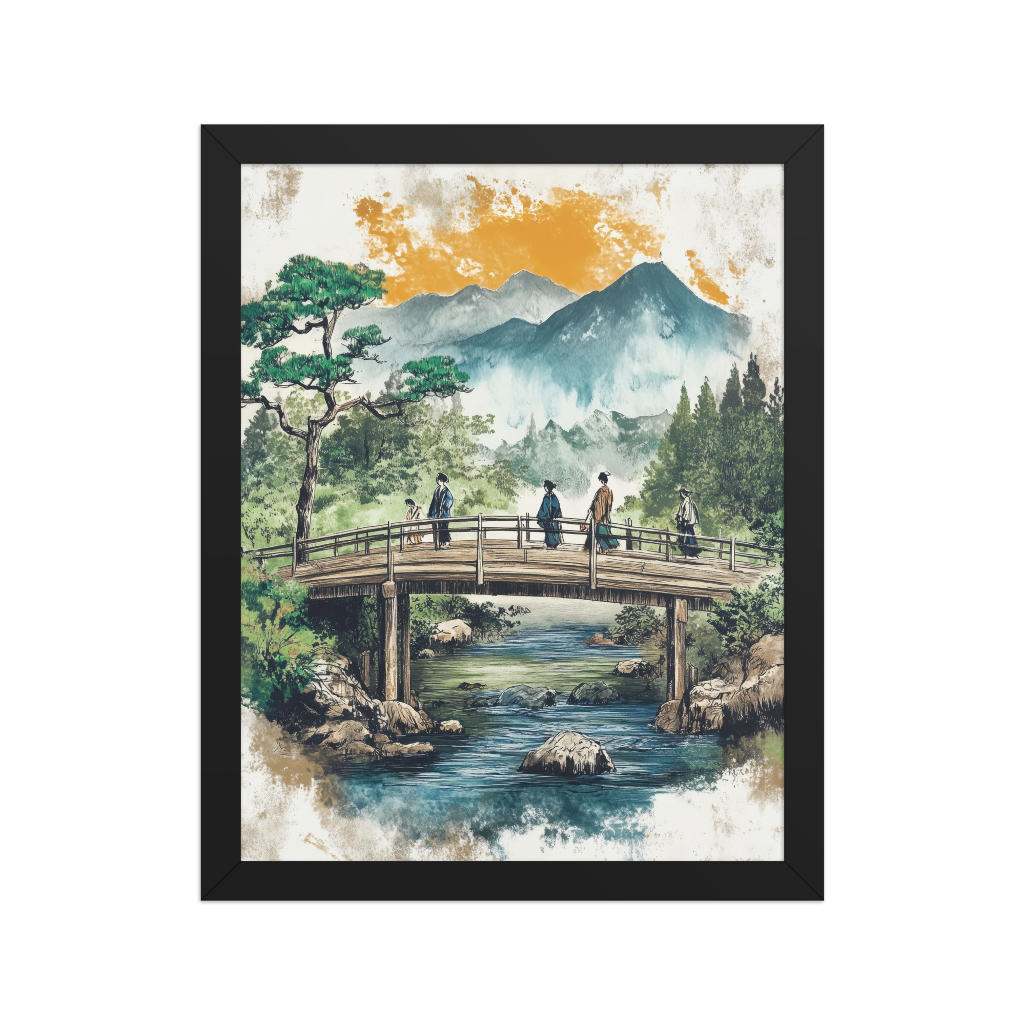 enhanced-matte-paper-framed-poster-in-black-11x14-front-68f9f20379393.jpg Bridge to the Highlands – Ukiyo-e Mountain Bridge Wall Art – Framed Poster - Image 2