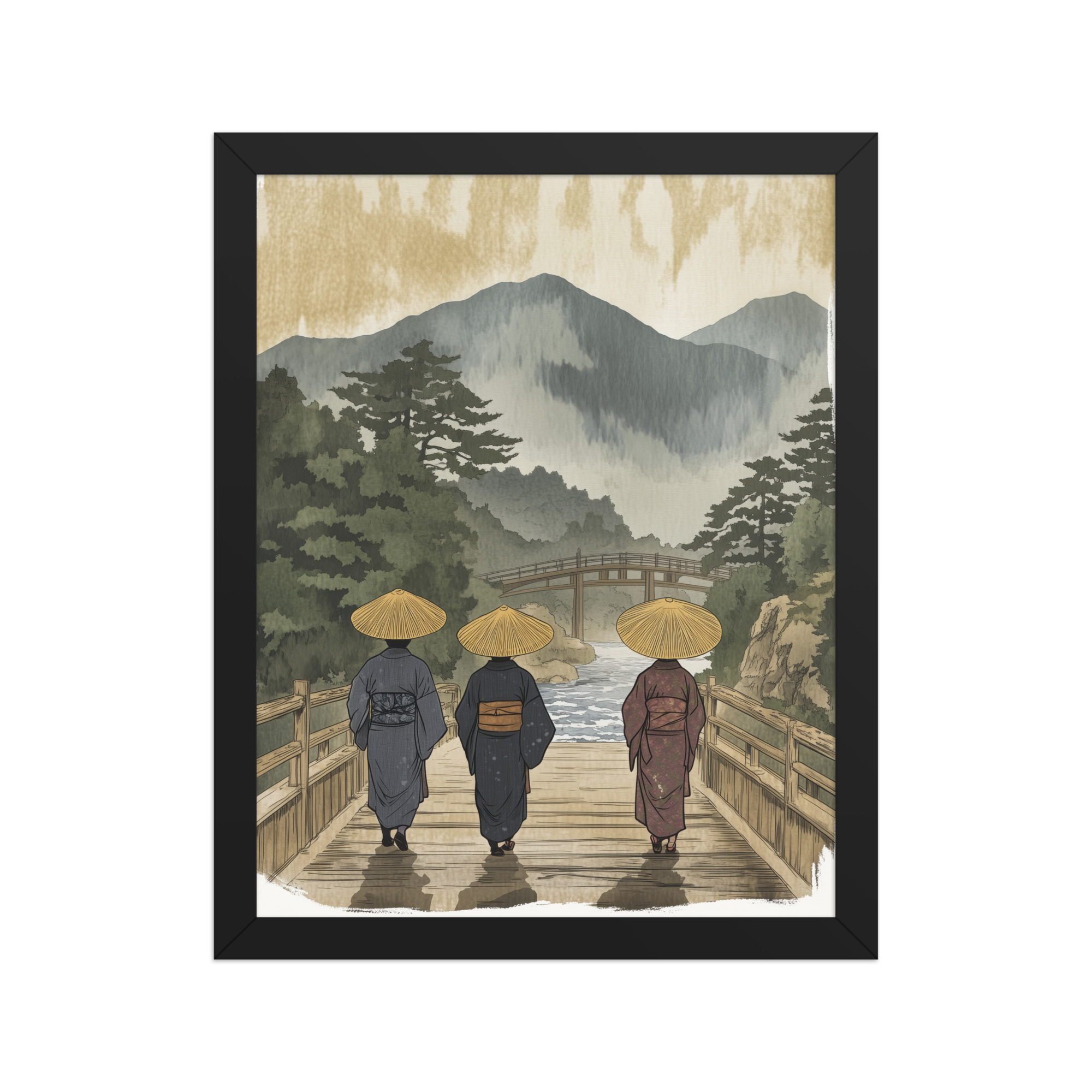enhanced-matte-paper-framed-poster-in-black-11x14-front-68f9f30d7e374.jpg Morning Walk to the Temple – Ukiyo-e Wall Art Print – Framed Poster - Image 3