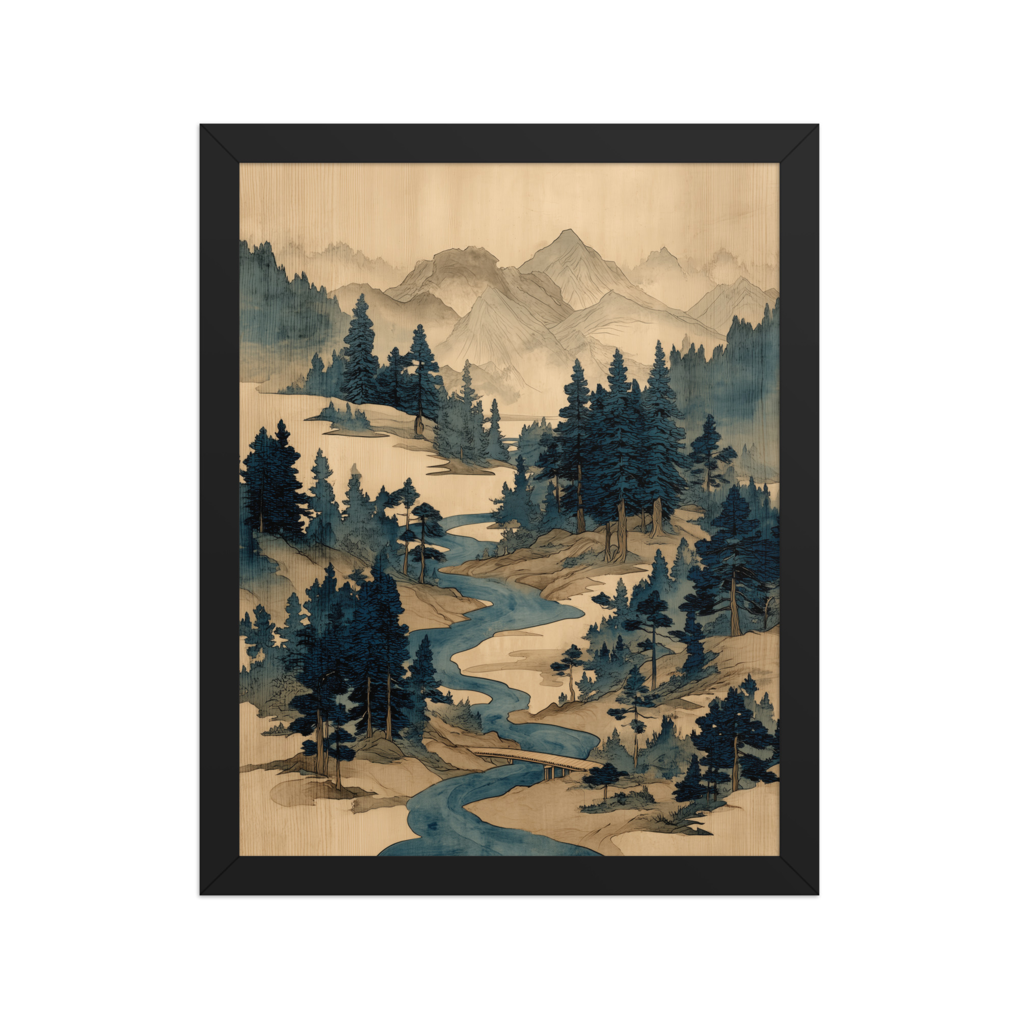 enhanced-matte-paper-framed-poster-in-black-11x14-front-68f9f793e05ff.jpg Winding River Pines – Ukiyo-e Mountain Stream Landscape Wall Art – Framed Poster - Image 3