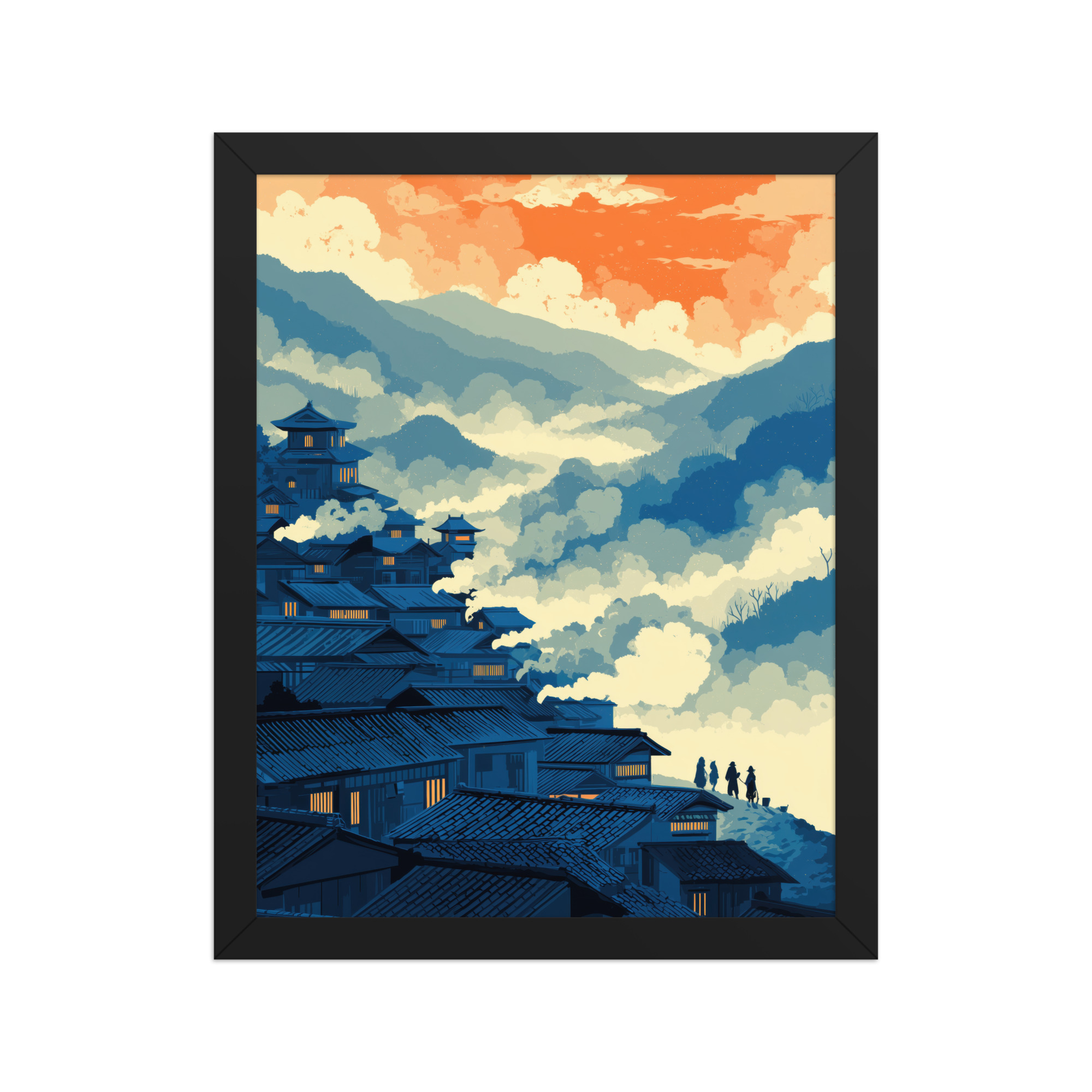 enhanced-matte-paper-framed-poster-in-black-11x14-front-68f9f807108f3.jpg Twilight Over Hillside Village – Ukiyo-e Wall Art Print – Framed Poster - Image 2