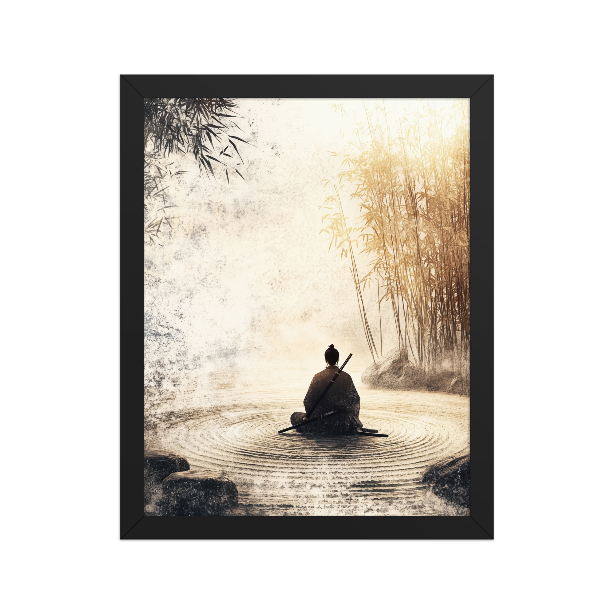 enhanced-matte-paper-framed-poster-in-black-11x14-front-68fa162ed22af.jpg Zen Samurai in Bamboo Light – Neutral Sumi-e Ink Samurai Meditation Wall Art – Framed Poster - Image 2