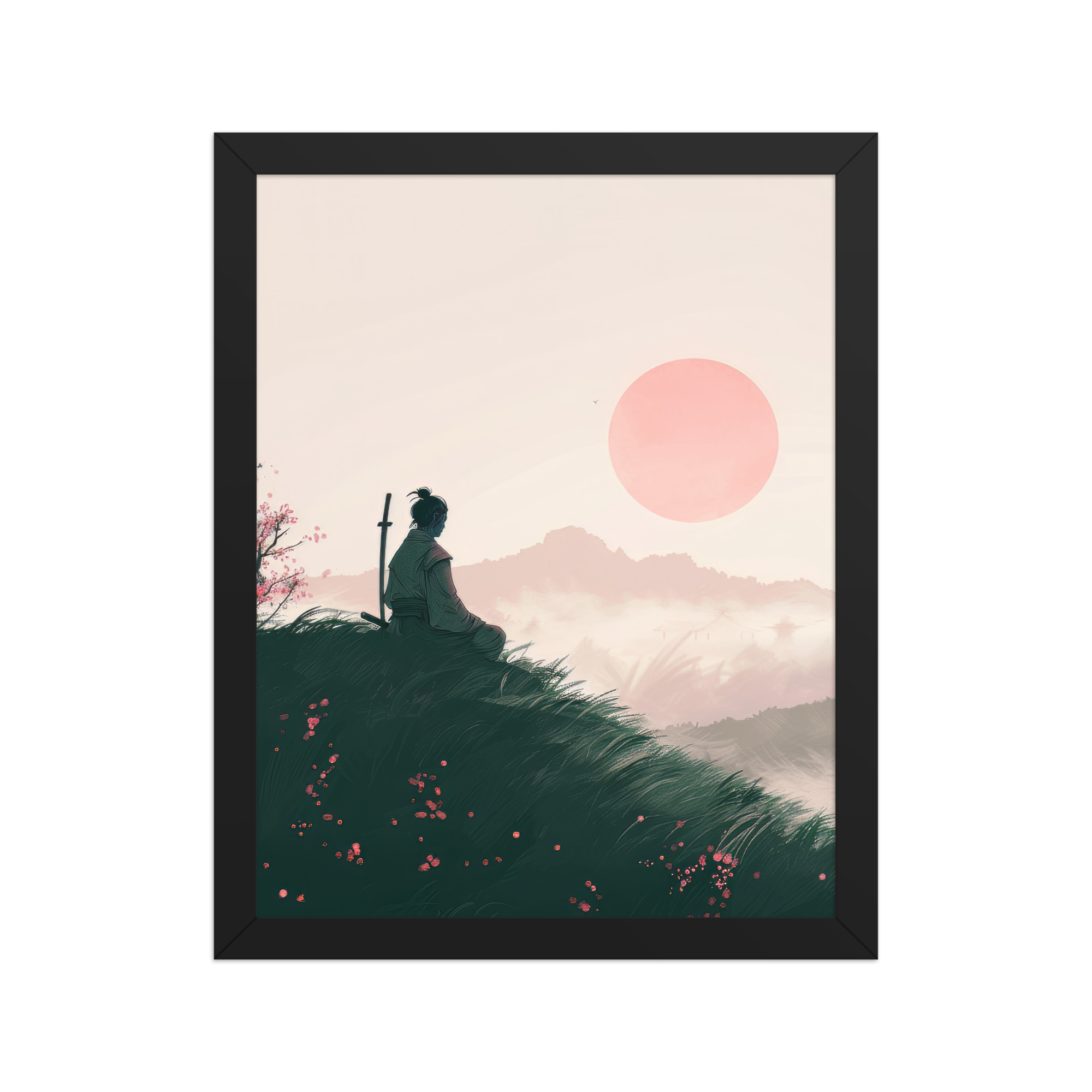 enhanced-matte-paper-framed-poster-in-black-11x14-front-68fa1673970c8.jpg Samurai at Dawn – Pink Sun Over Hills Quiet Strength at Daybreak Wall Decor – Framed Poster - Image 3