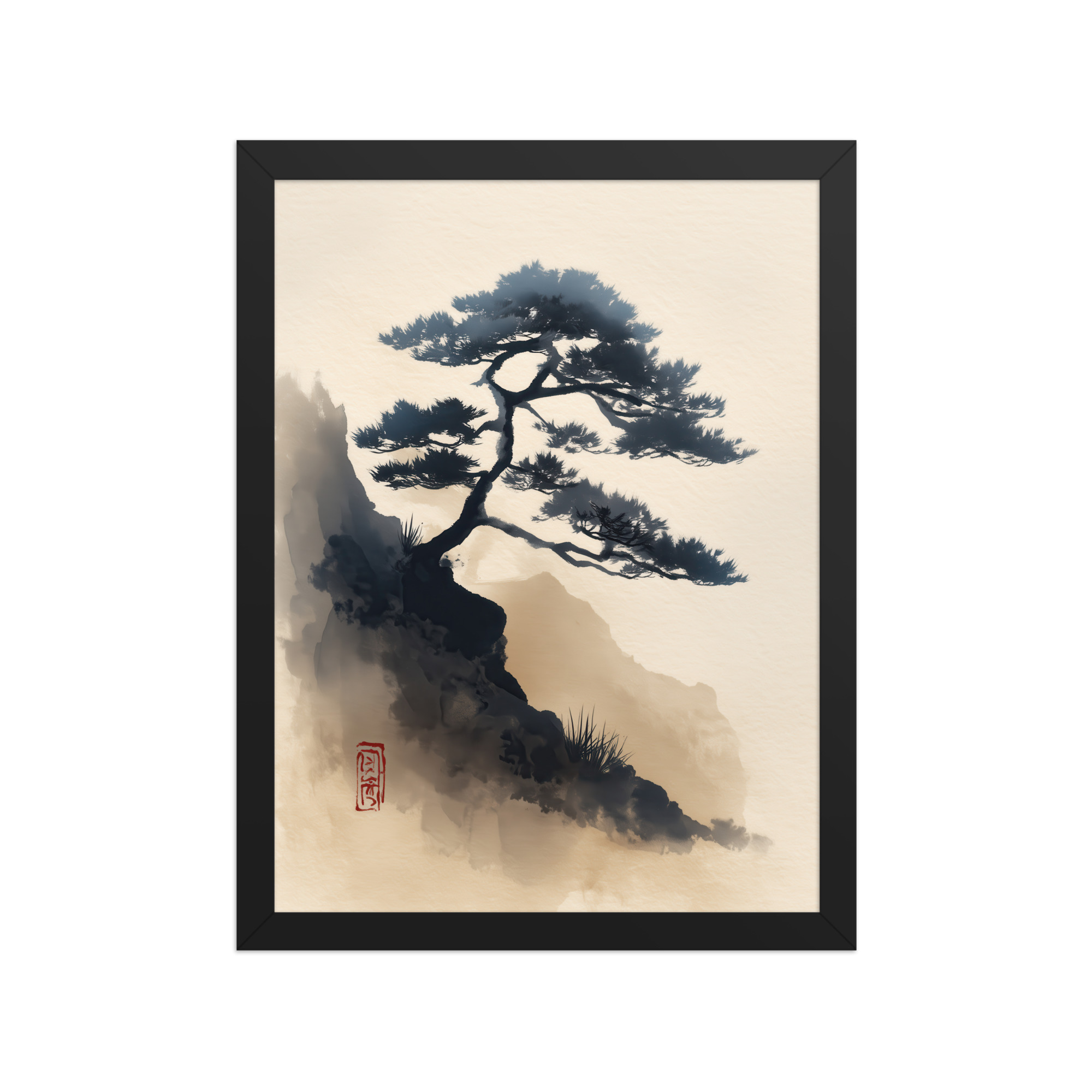 enhanced-matte-paper-framed-poster-in-black-12x16-front-68f87d0d3c13c.jpg Mountain Pine in Soft Ink — Sumi-e Japanese Landscape Wall Decor — Framed Poster - Image 3