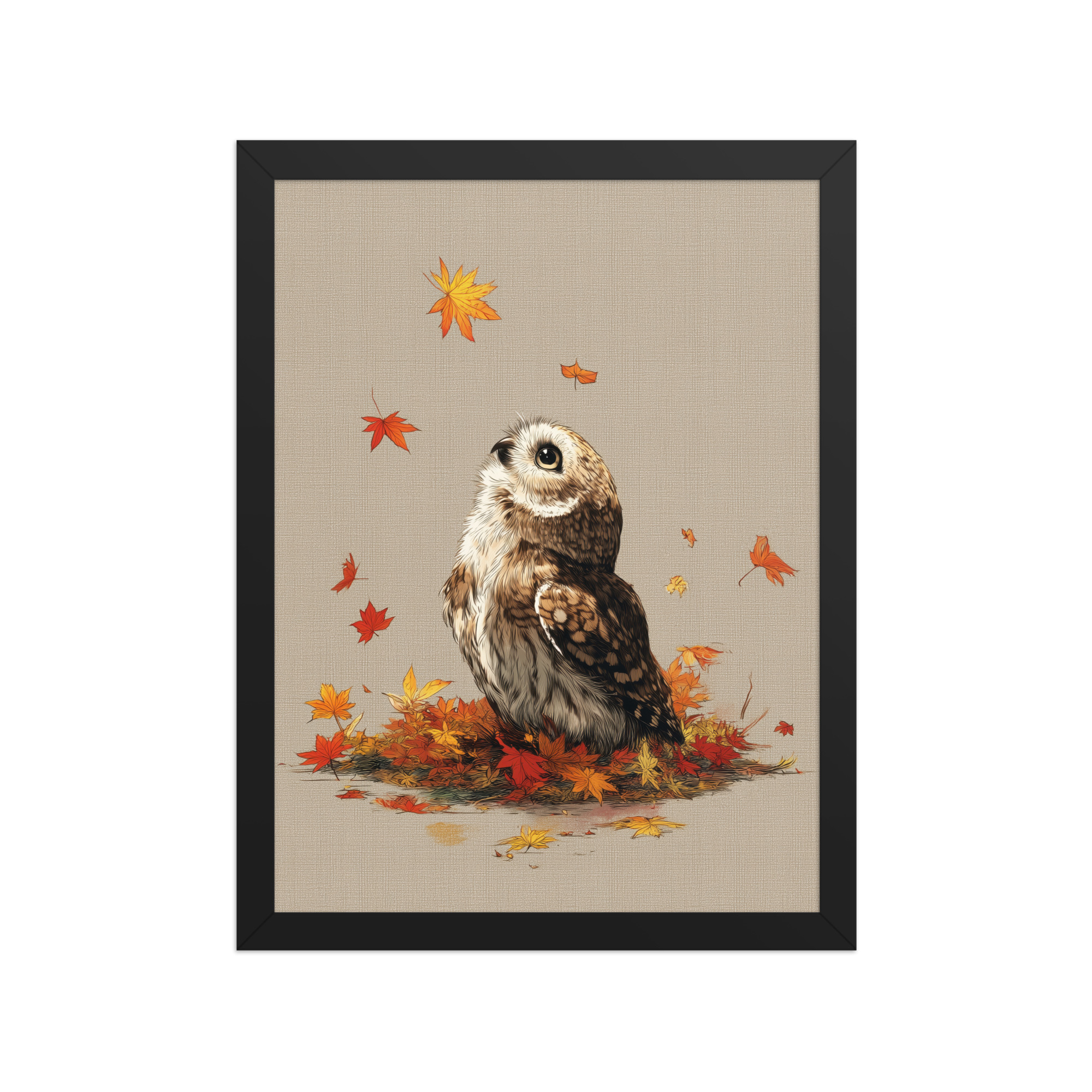 enhanced-matte-paper-framed-poster-in-black-12x16-front-68f89a1ad82d8.jpg Autumn Gaze Owl — Owl Illustration with Falling Leaves Wall Art — Framed Poster - Image 4