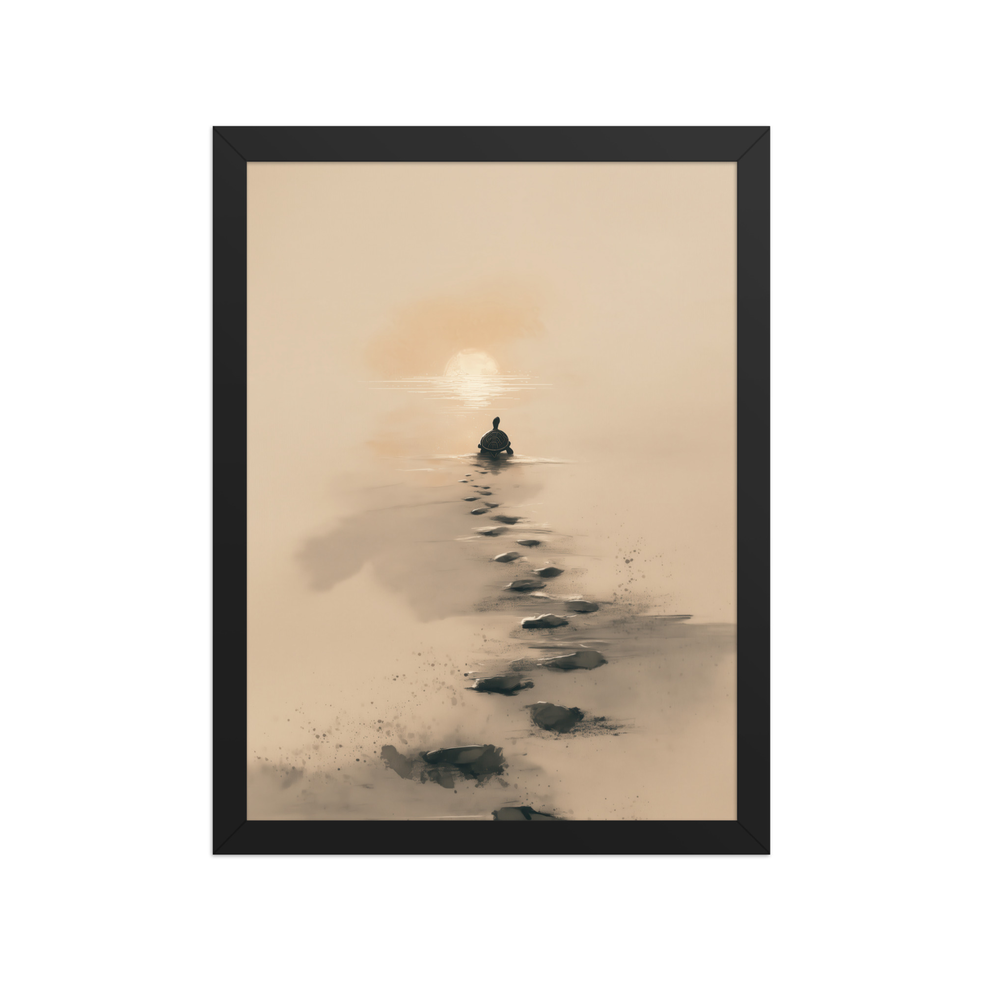 enhanced-matte-paper-framed-poster-in-black-12x16-front-68f8a9c68556d.jpg Turtle Sunset Path — Minimalist Japandi Turtle with Footprints Beach Sunset Wall Decor — Framed Poster - Image 4