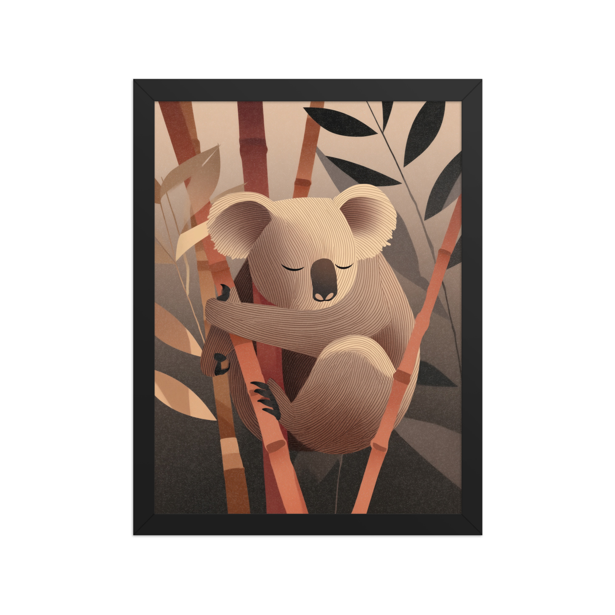 enhanced-matte-paper-framed-poster-in-black-12x16-front-68f8be9645beb.jpg Koala Dreams in Bamboo — Minimal Sleeping Koala in Warm Tones Wall Decor — Framed Poster - Image 4