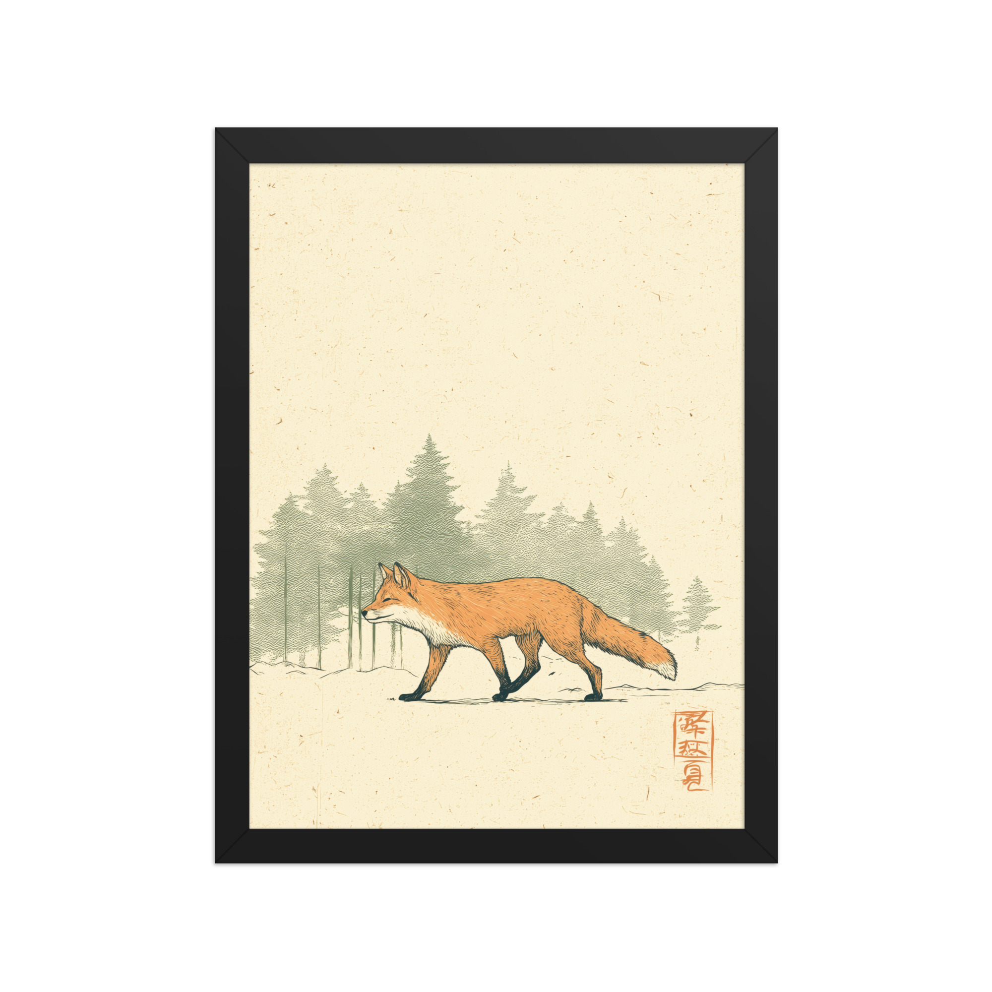 enhanced-matte-paper-framed-poster-in-black-12x16-front-68f9031fcfd0d.jpg Fox in Pines — Red Fox Illustration on Textured Paper Wall Decor — Framed Poster - Image 4