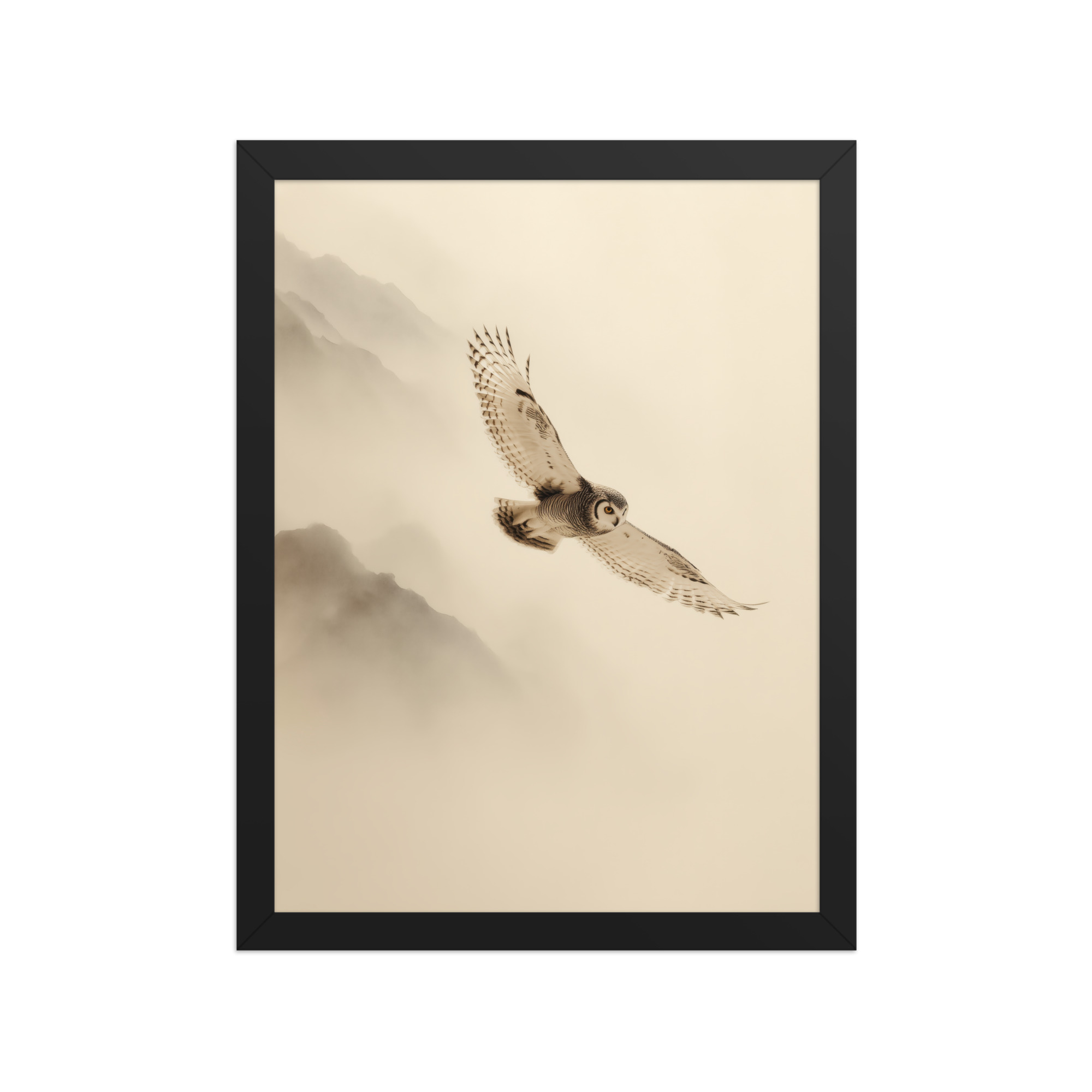enhanced-matte-paper-framed-poster-in-black-12x16-front-68f904c80d5a1.jpg Flight Through Mist — Owl in Motion Wildlife Wall Art — Framed Poster - Image 3