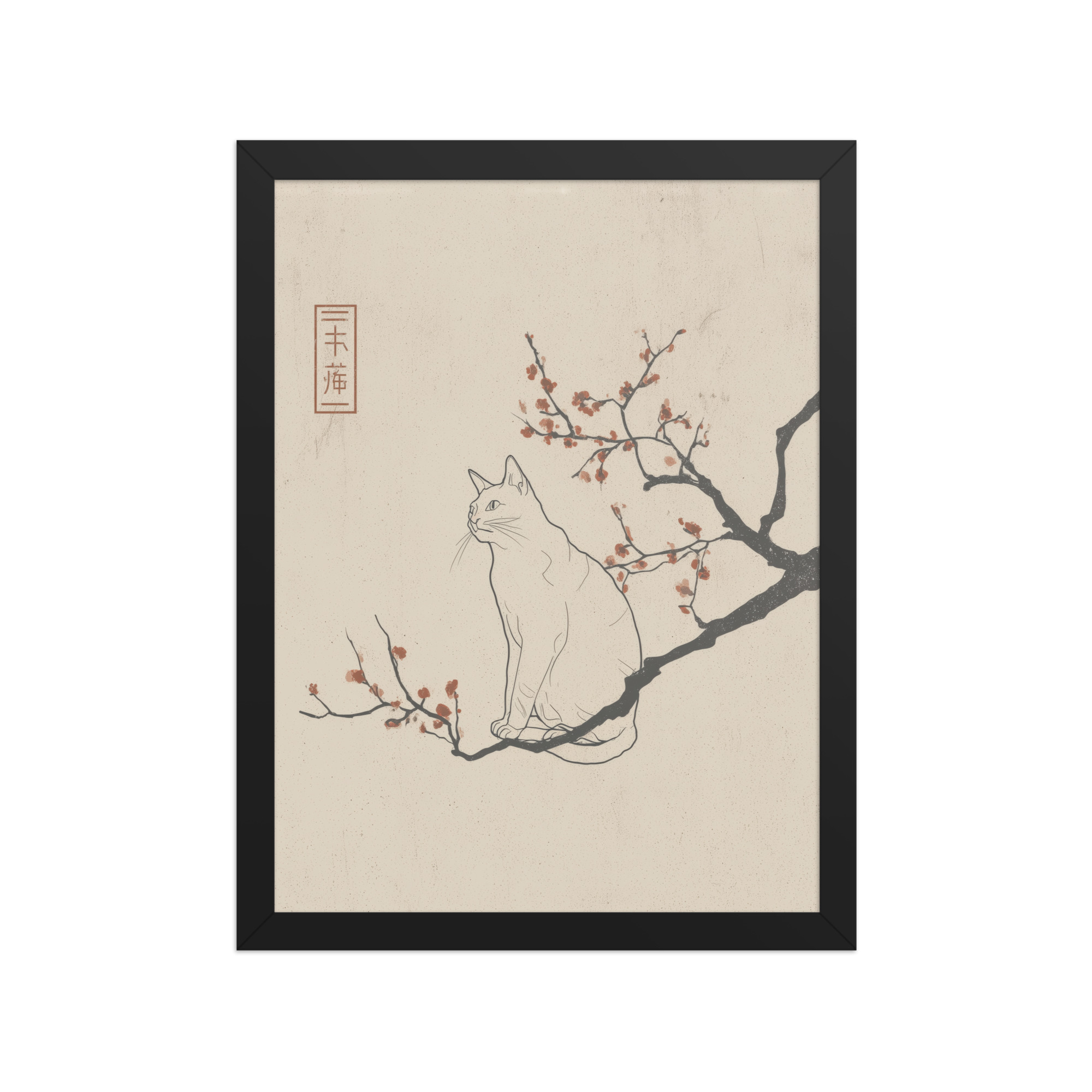 enhanced-matte-paper-framed-poster-in-black-12x16-front-68f9068249718.jpg Cat with Blossoms — Minimalist Cat on Plum Branch Wall Art — Framed Poster - Image 3