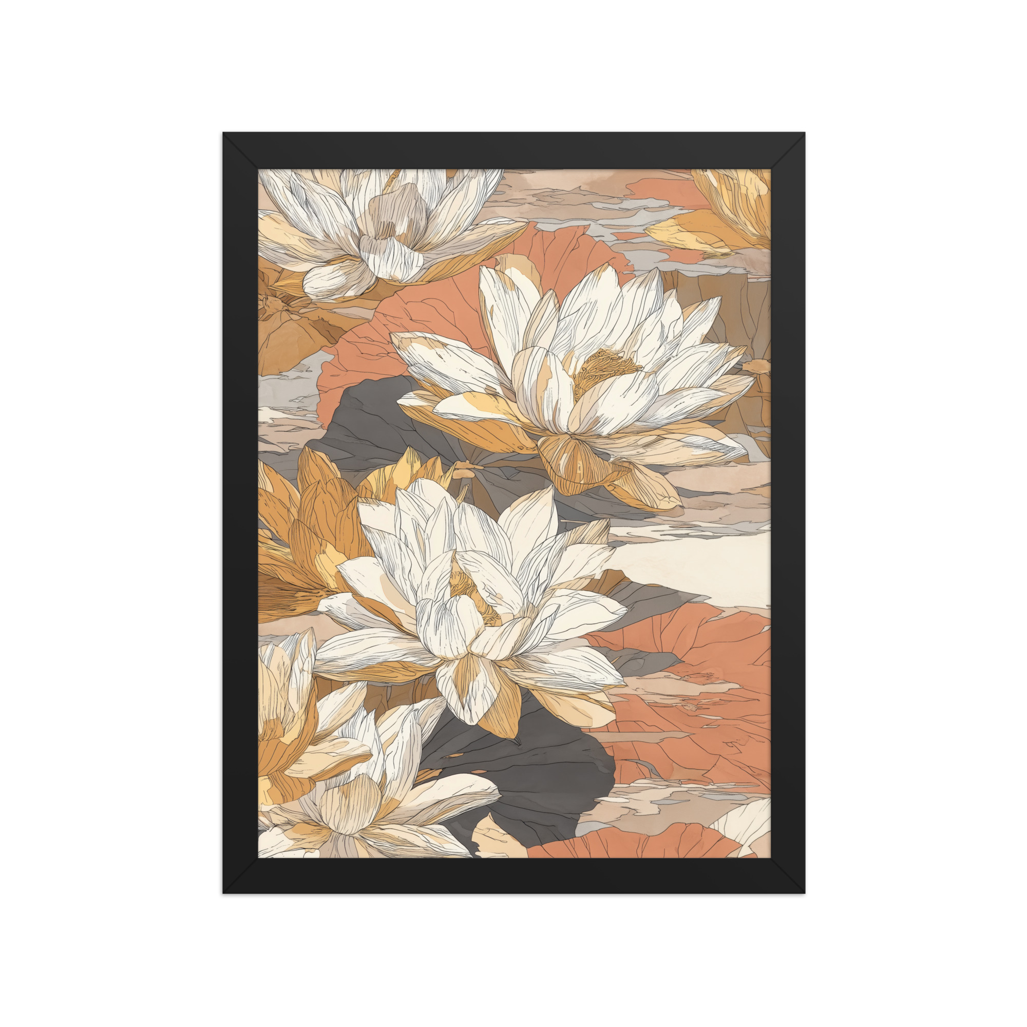 enhanced-matte-paper-framed-poster-in-black-12x16-front-68f922f4616e1.jpg Lotus Blossom Pattern — Warm Terracotta Floral Wall Art — Framed Poster - Image 3