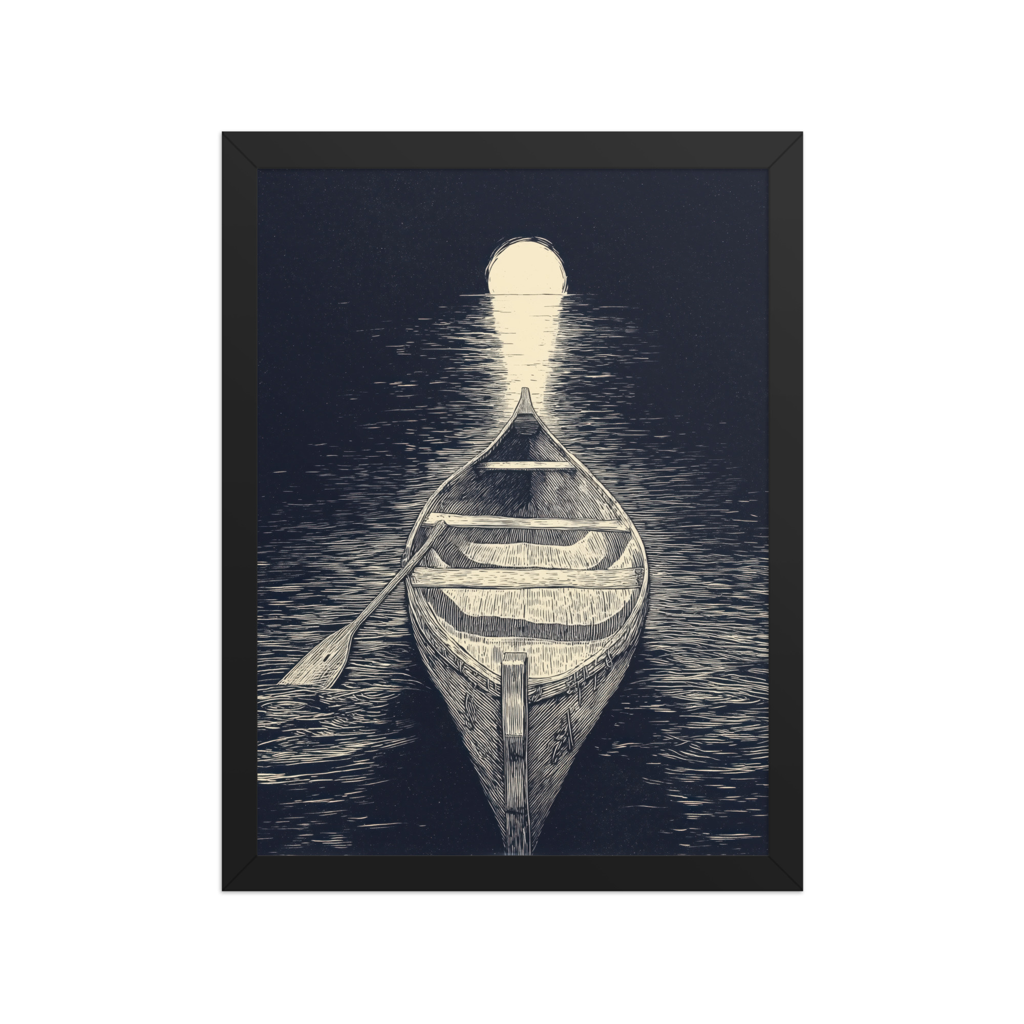 enhanced-matte-paper-framed-poster-in-black-12x16-front-68f9cc5aaa3ba.jpg Moonlit Canoe — Woodcut Night Lake Wall Art — Framed Poster - Image 3