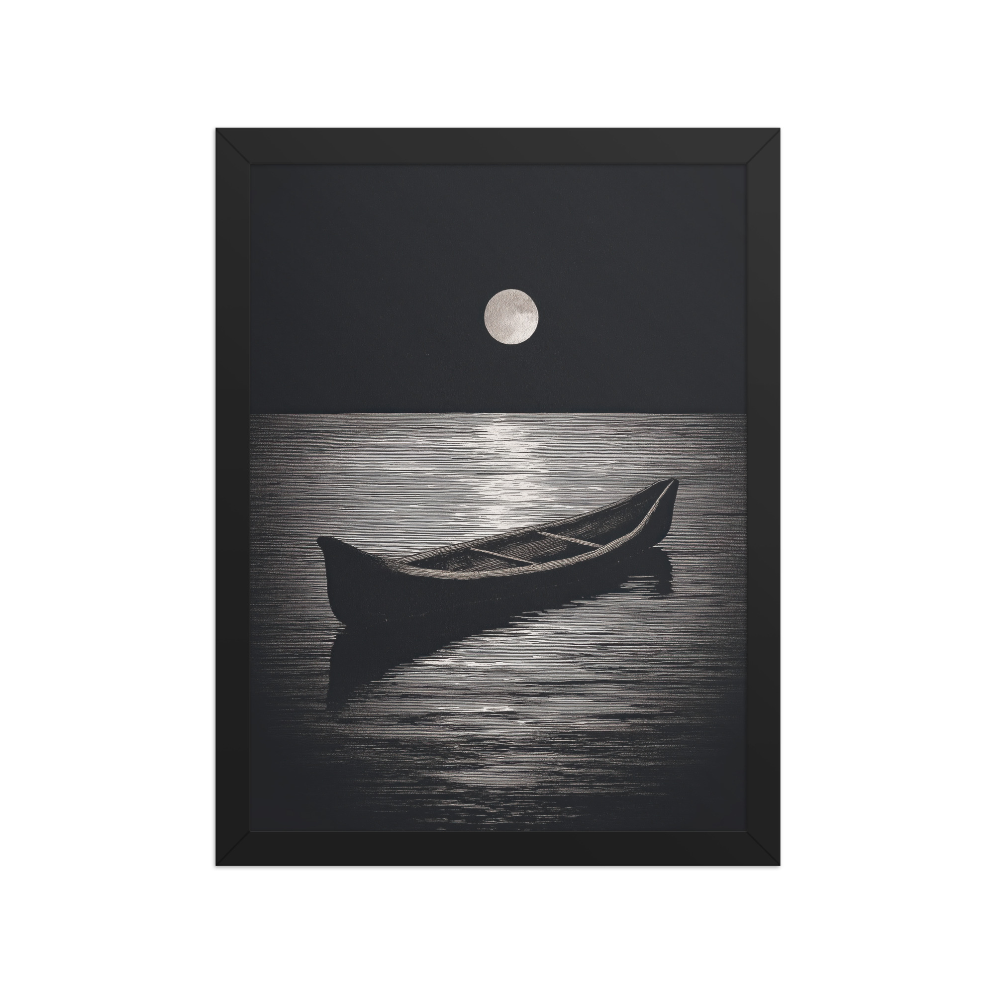 enhanced-matte-paper-framed-poster-in-black-12x16-front-68f9d0a4e5620.jpg Moonlit Canoe II — Minimal Silver Moon Night Wall Art — Framed Poster - Image 4