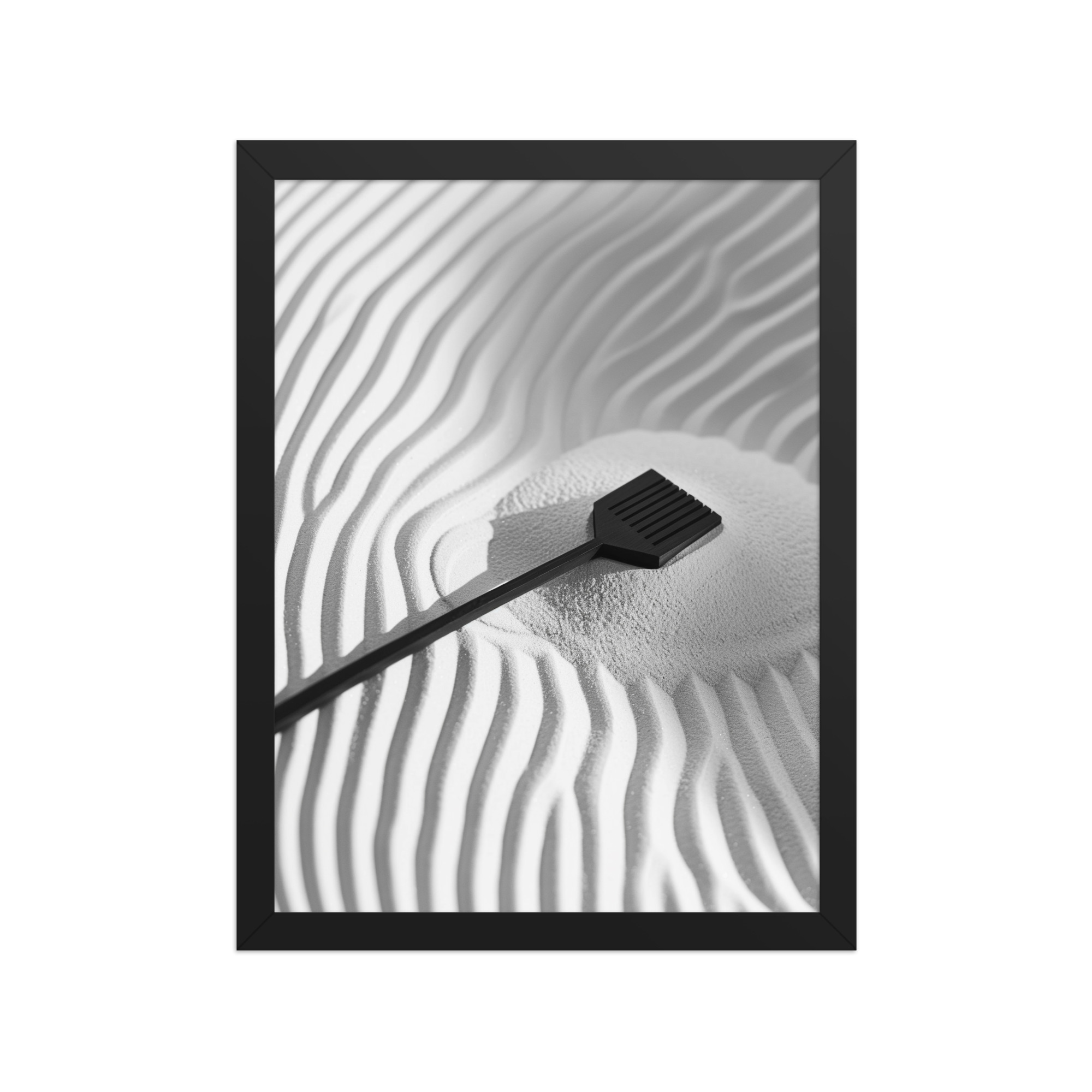 enhanced-matte-paper-framed-poster-in-black-12x16-front-68f9e8d81f726.jpg Zen Sand Rake – Minimal Monochrome Ripples Wall Art – Framed Poster - Image 4