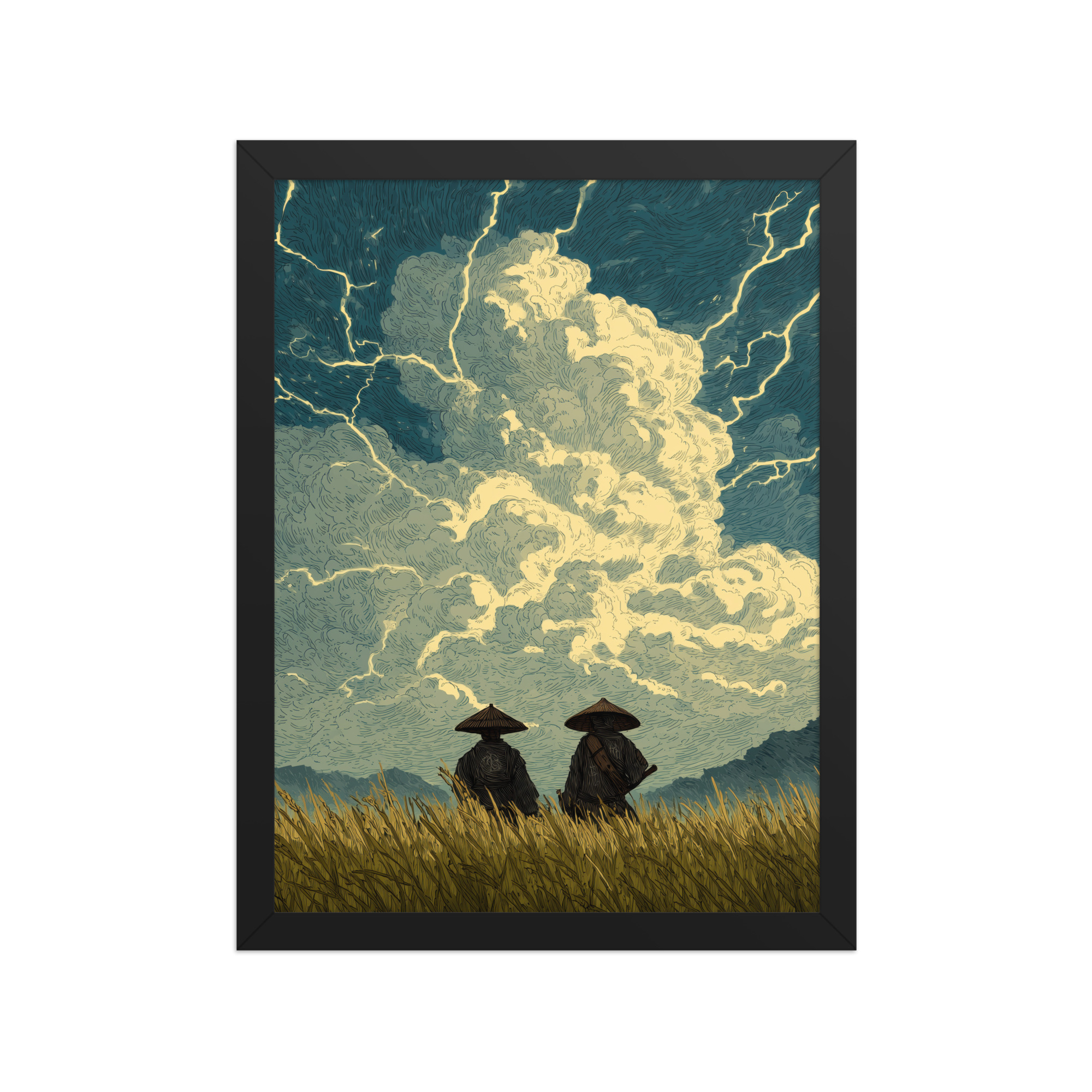 enhanced-matte-paper-framed-poster-in-black-12x16-front-68f9f1a39c918.jpg Before the Storm – Ukiyo-e Samurai Watchers Landscape Wall Art – Framed Poster - Image 4