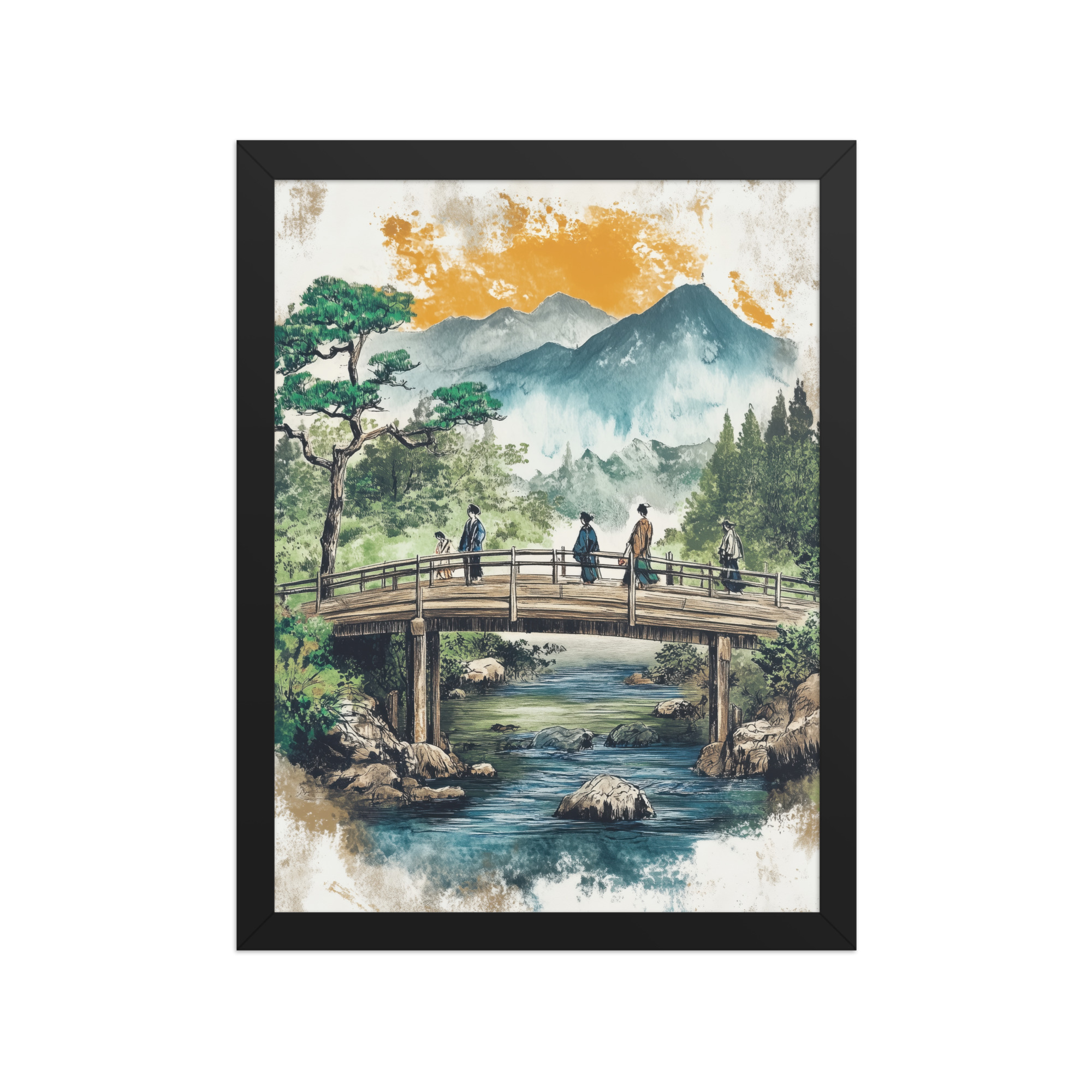 enhanced-matte-paper-framed-poster-in-black-12x16-front-68f9f20379474.jpg Bridge to the Highlands – Ukiyo-e Mountain Bridge Wall Art – Framed Poster - Image 3
