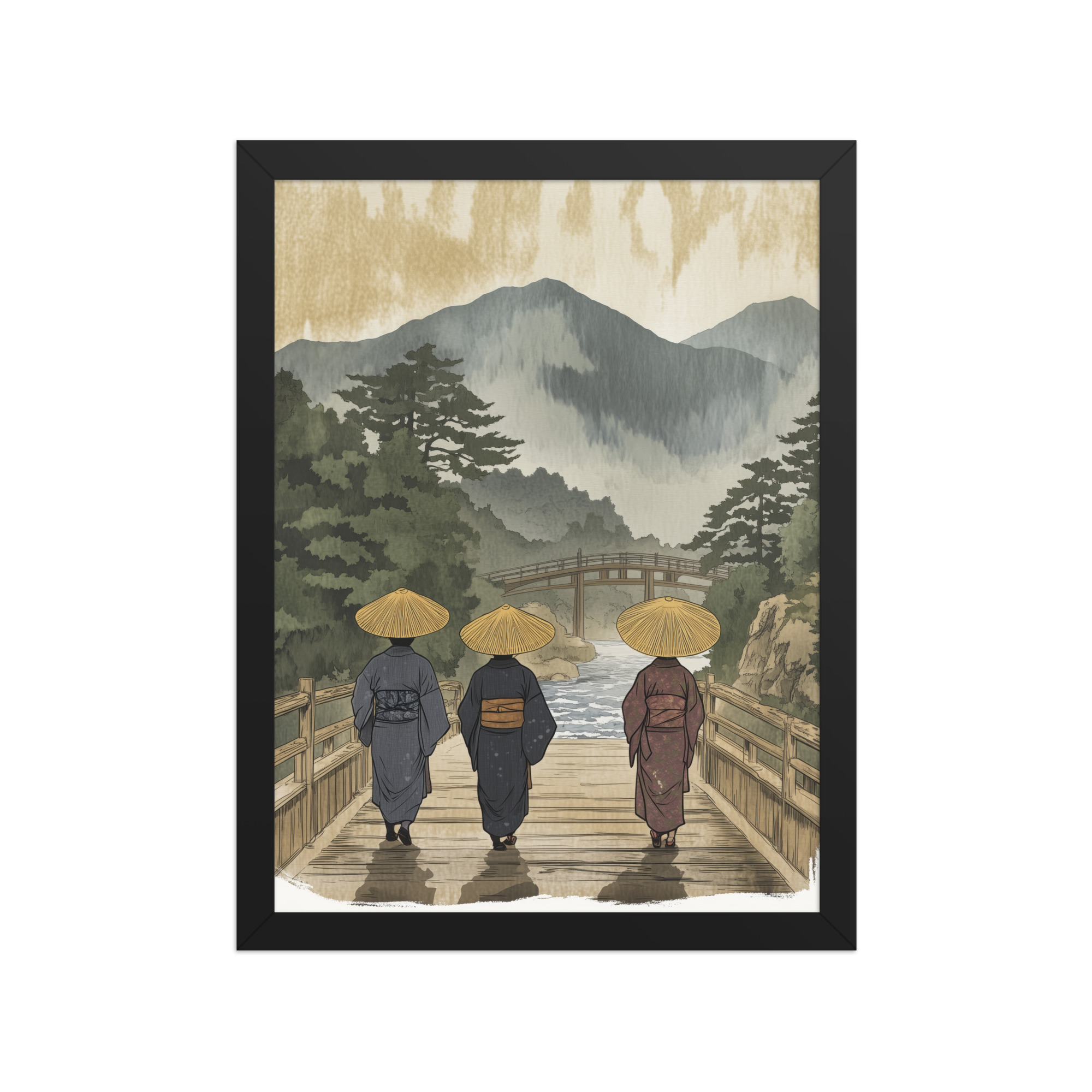 enhanced-matte-paper-framed-poster-in-black-12x16-front-68f9f30d7e412.jpg Morning Walk to the Temple – Ukiyo-e Wall Art Print – Framed Poster - Image 4
