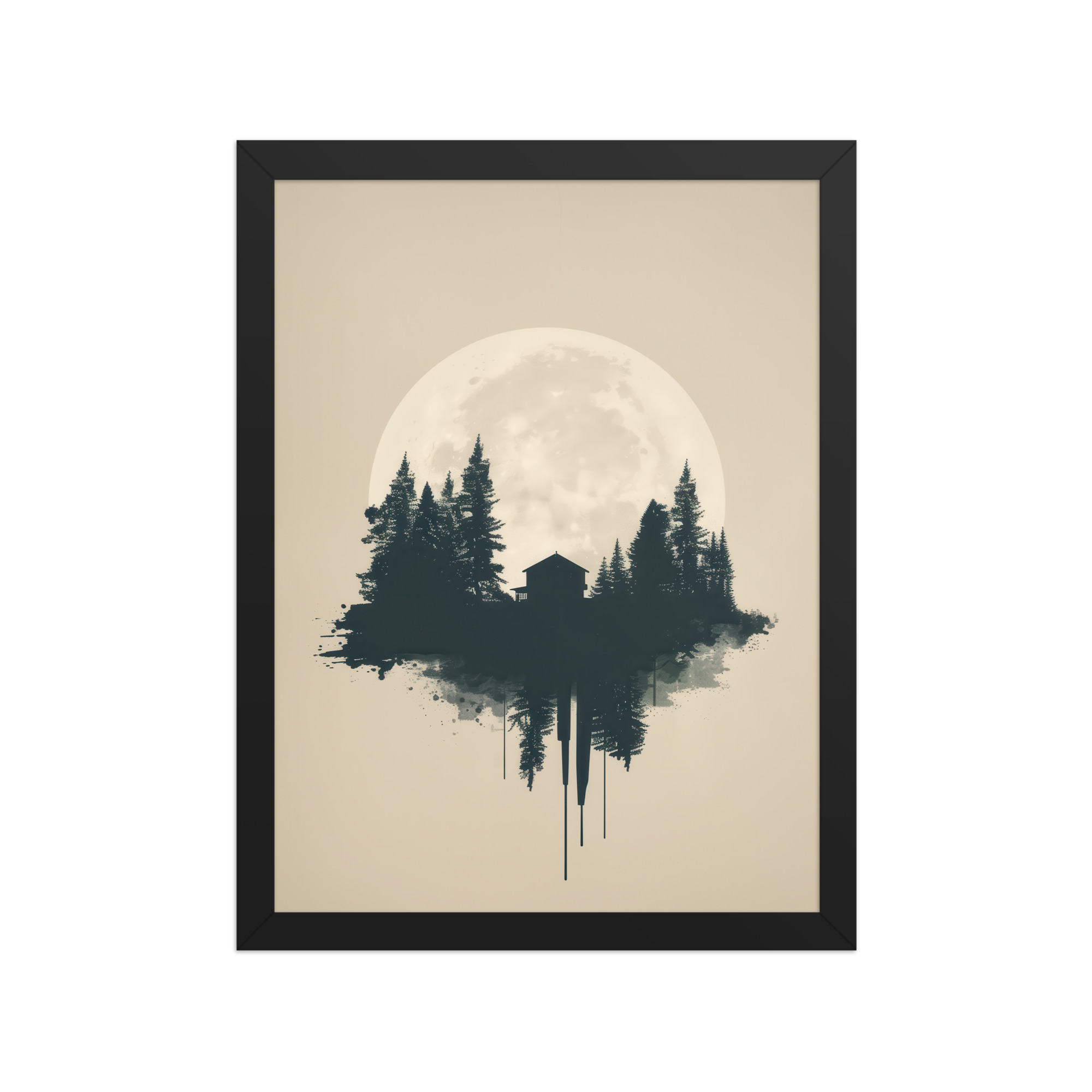enhanced-matte-paper-framed-poster-in-black-12x16-front-68f9ff049a3d1.jpg Full Moon Shelter — Minimalistic Forest House Wall Decor — Framed Poster - Image 3
