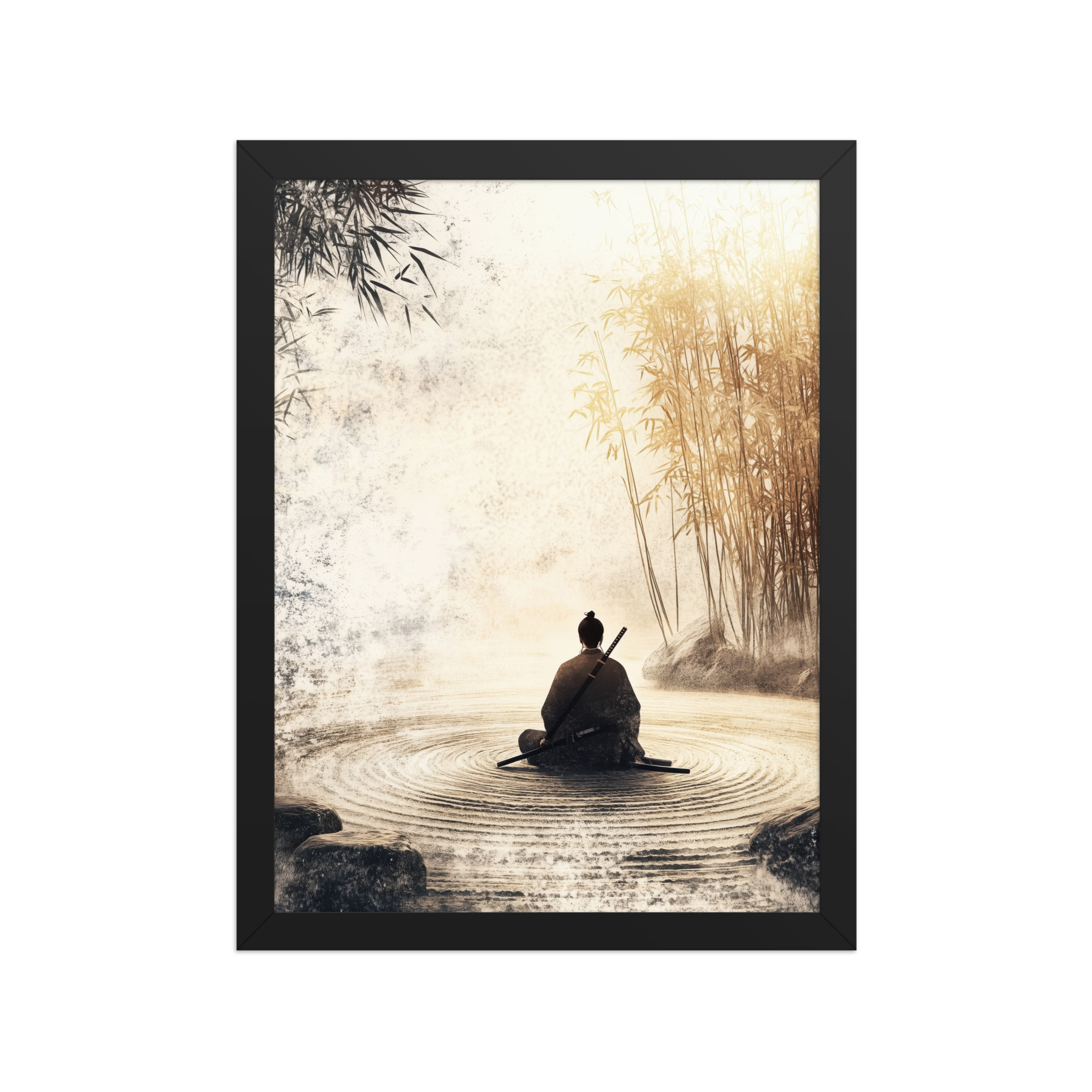 enhanced-matte-paper-framed-poster-in-black-12x16-front-68fa162ed236a.jpg Zen Samurai in Bamboo Light – Neutral Sumi-e Ink Samurai Meditation Wall Art – Framed Poster - Image 3