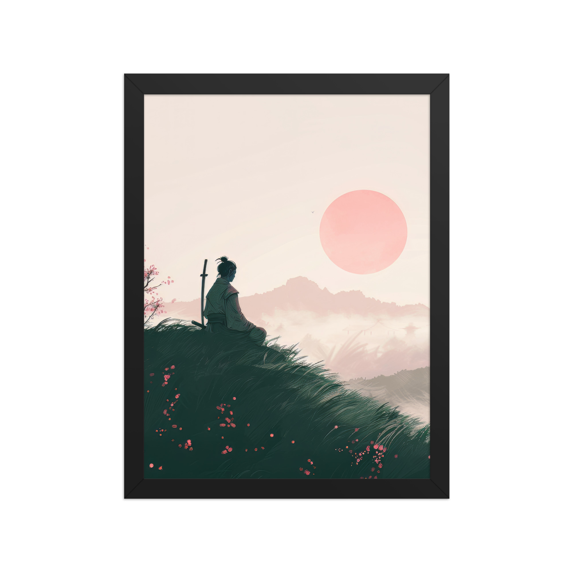 enhanced-matte-paper-framed-poster-in-black-12x16-front-68fa167397159.jpg Samurai at Dawn – Pink Sun Over Hills Quiet Strength at Daybreak Wall Decor – Framed Poster - Image 4