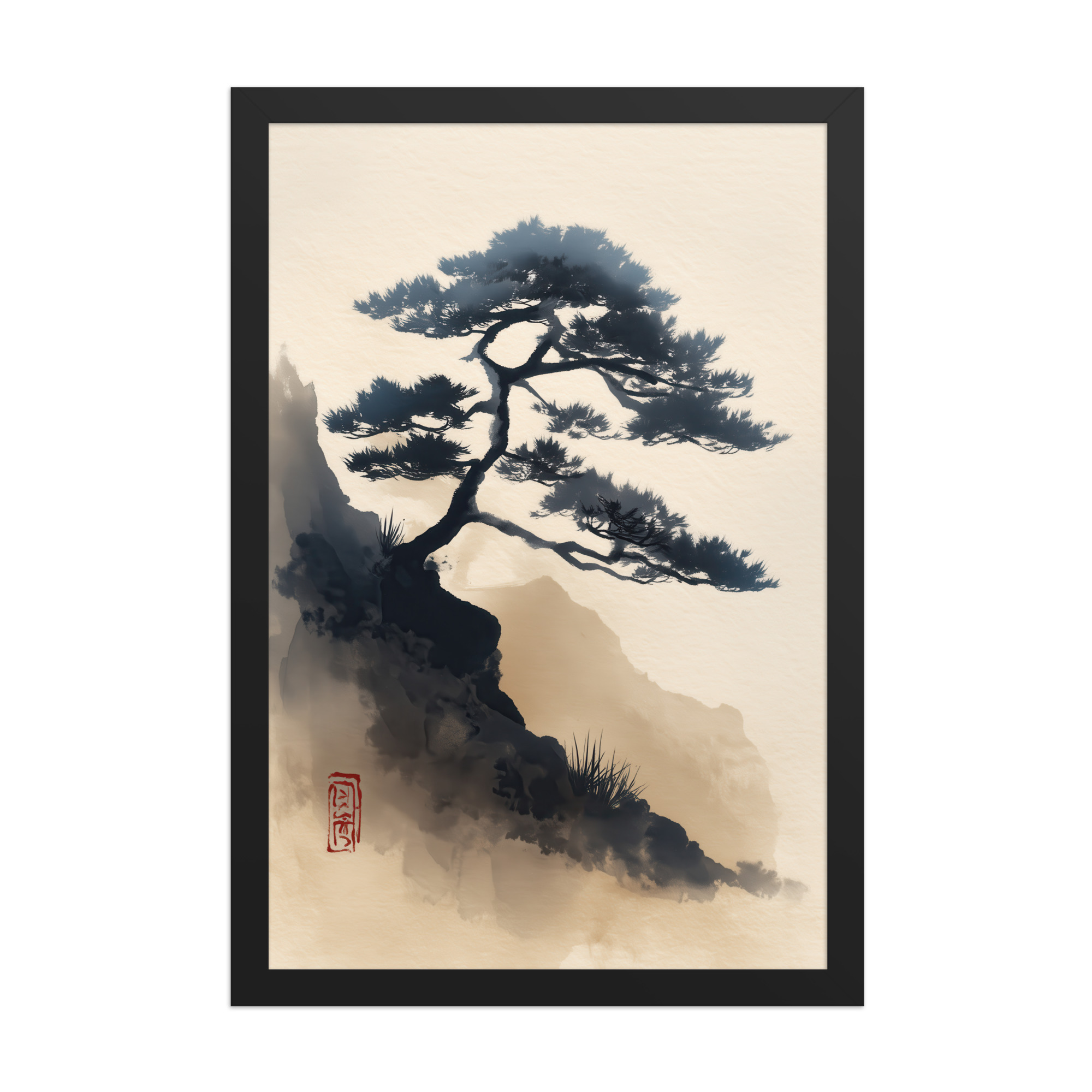 enhanced-matte-paper-framed-poster-in-black-12x18-front-68f87d0d3c1d6.jpg Mountain Pine in Soft Ink — Sumi-e Japanese Landscape Wall Decor — Framed Poster - Image 4