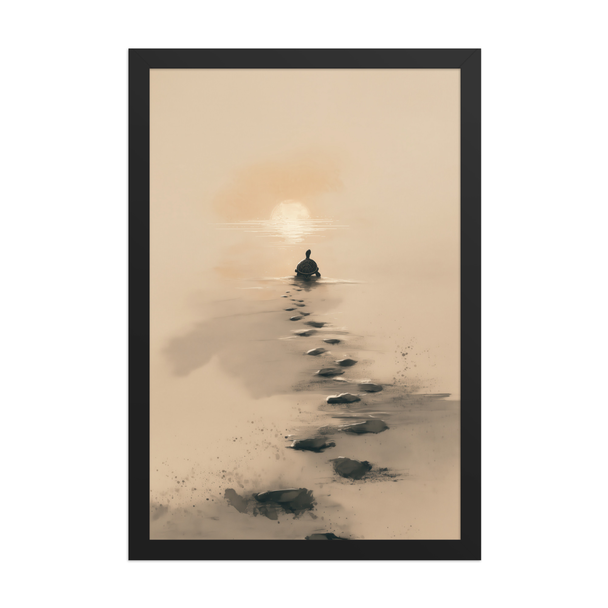enhanced-matte-paper-framed-poster-in-black-12x18-front-68f8a9c6855fc.jpg Turtle Sunset Path — Minimalist Japandi Turtle with Footprints Beach Sunset Wall Decor — Framed Poster - Image 5