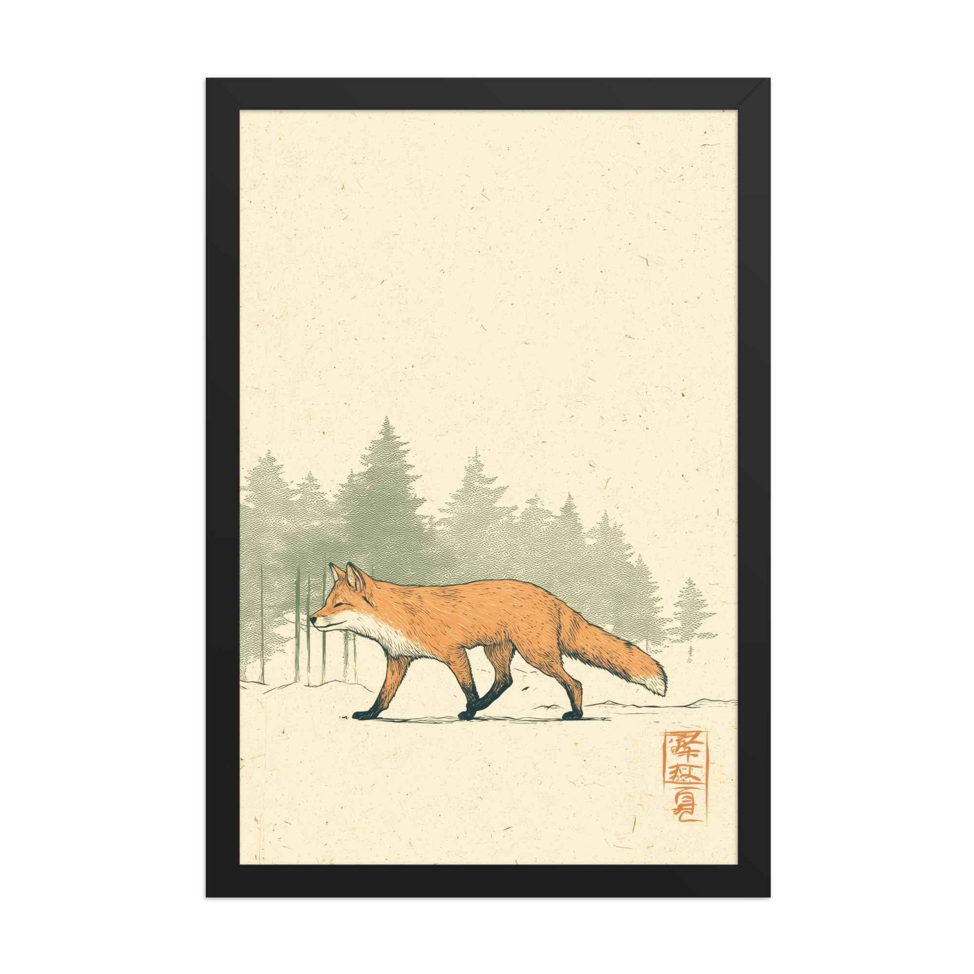 enhanced-matte-paper-framed-poster-in-black-12x18-front-68f9031fcfda8.jpg Fox in Pines — Red Fox Illustration on Textured Paper Wall Decor — Framed Poster - Image 5