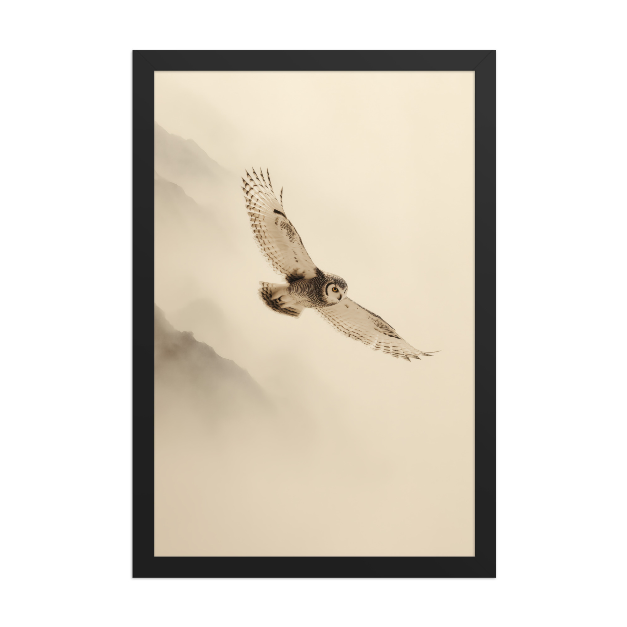 enhanced-matte-paper-framed-poster-in-black-12x18-front-68f904c80d69d.jpg Flight Through Mist — Owl in Motion Wildlife Wall Art — Framed Poster - Image 4
