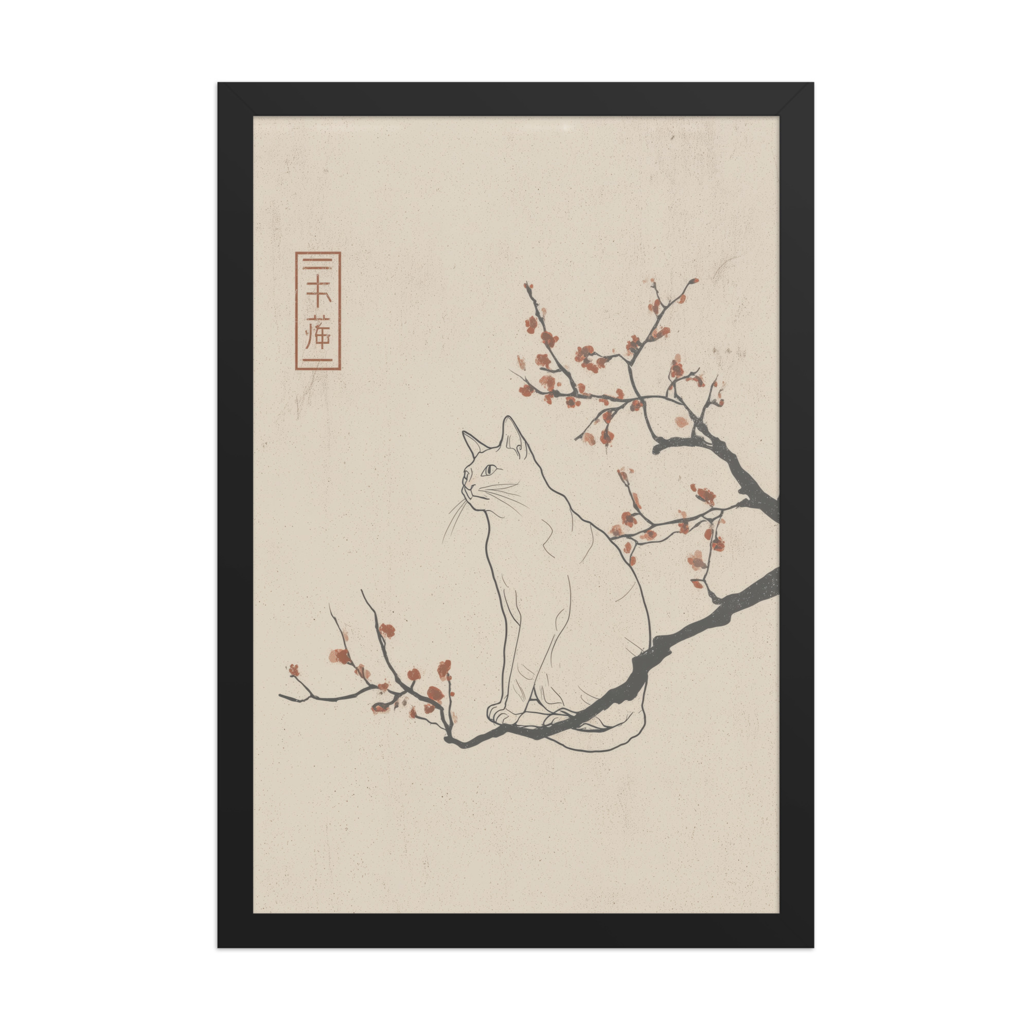 enhanced-matte-paper-framed-poster-in-black-12x18-front-68f90682497b5.jpg Cat with Blossoms — Minimalist Cat on Plum Branch Wall Art — Framed Poster - Image 4