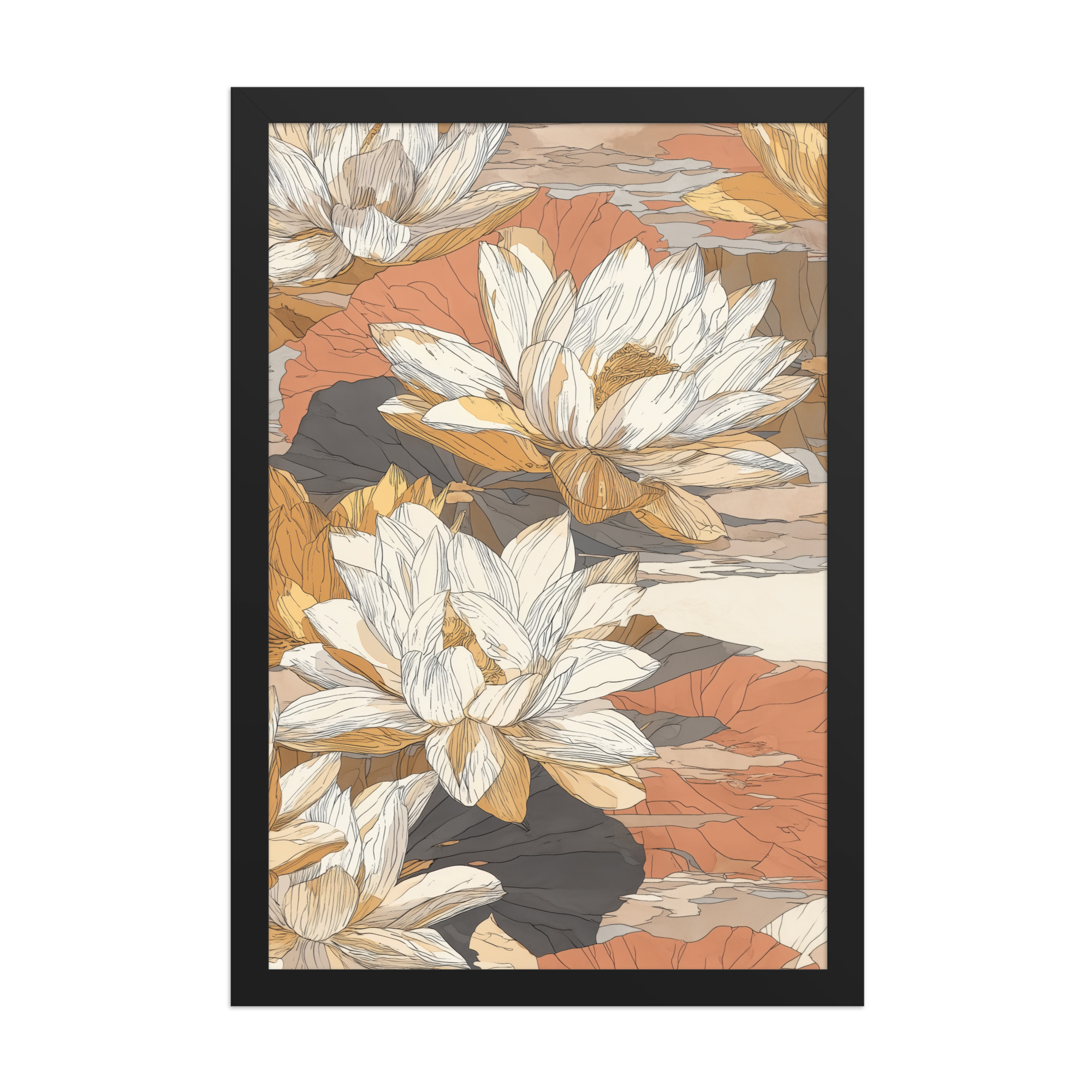 enhanced-matte-paper-framed-poster-in-black-12x18-front-68f922f461773.jpg Lotus Blossom Pattern — Warm Terracotta Floral Wall Art — Framed Poster - Image 4