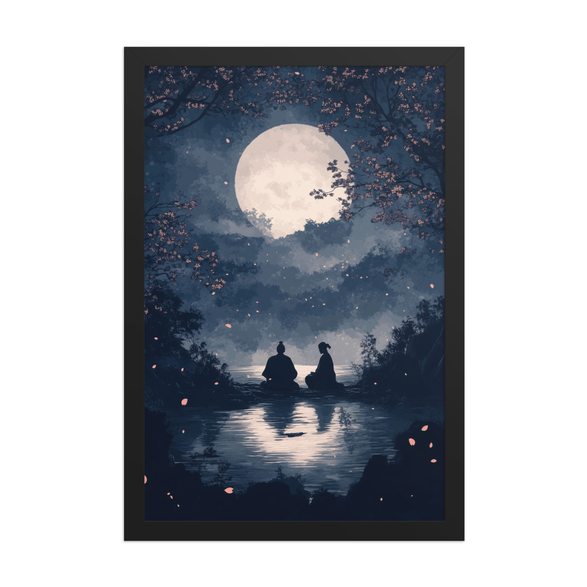enhanced-matte-paper-framed-poster-in-black-12x18-front-68f9ce45de06f.jpg Midnight Reflections — Moonlit Lake Sakura Wall Art — Framed Poster - Image 4