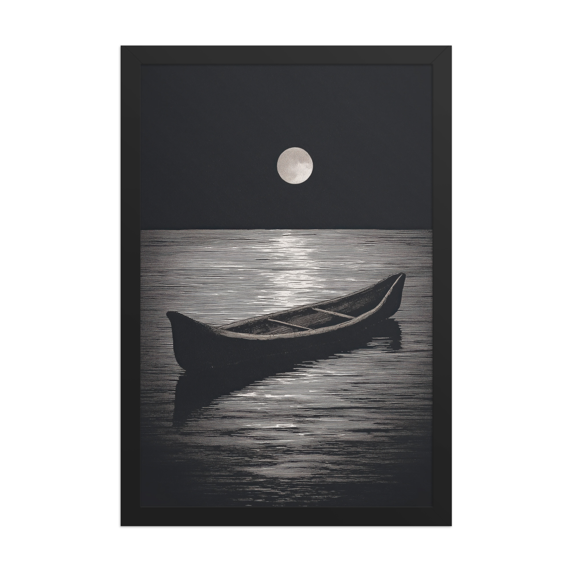 enhanced-matte-paper-framed-poster-in-black-12x18-front-68f9d0a4e56ae.jpg Moonlit Canoe II — Minimal Silver Moon Night Wall Art — Framed Poster - Image 5