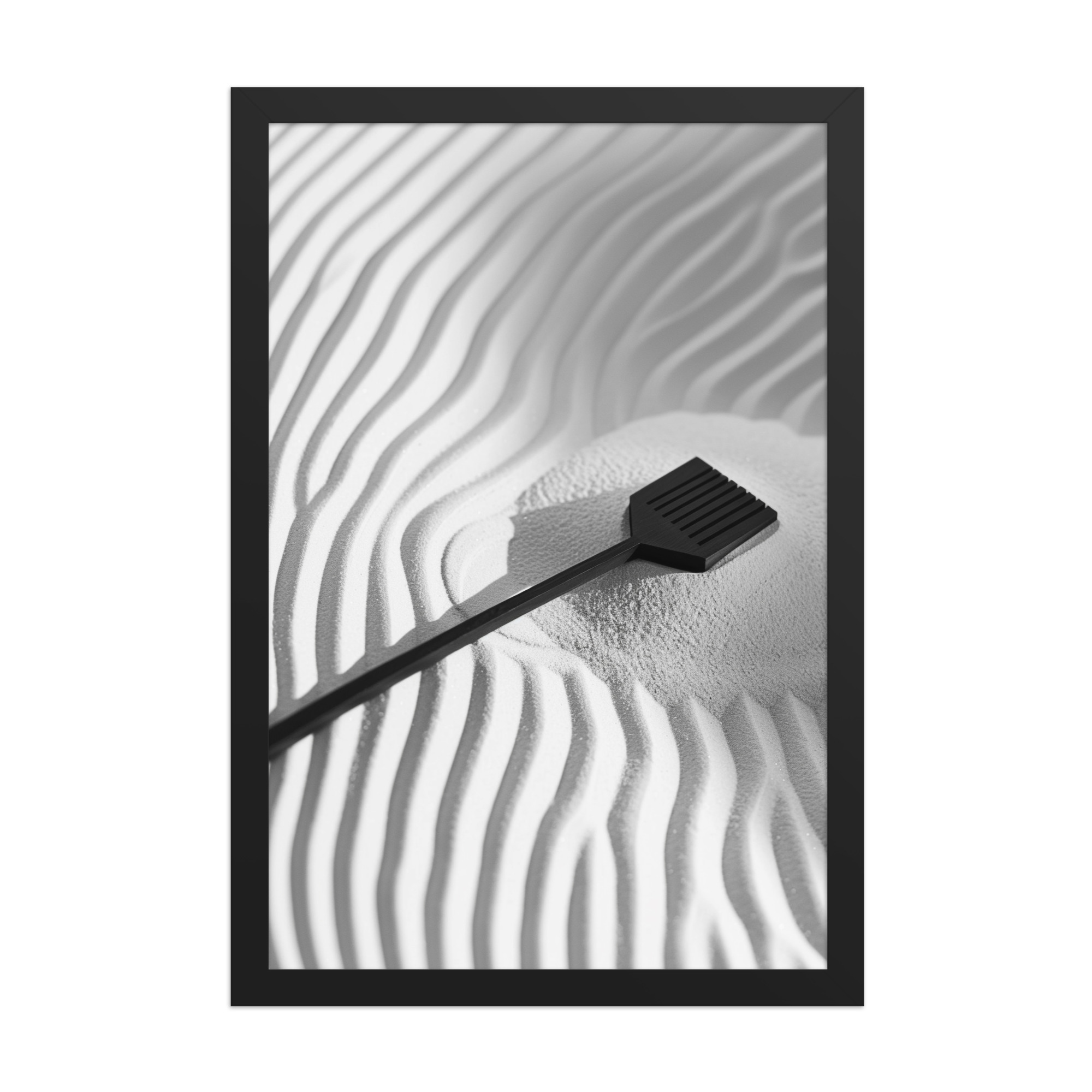 enhanced-matte-paper-framed-poster-in-black-12x18-front-68f9e8d81f7c1.jpg Zen Sand Rake – Minimal Monochrome Ripples Wall Art – Framed Poster - Image 5