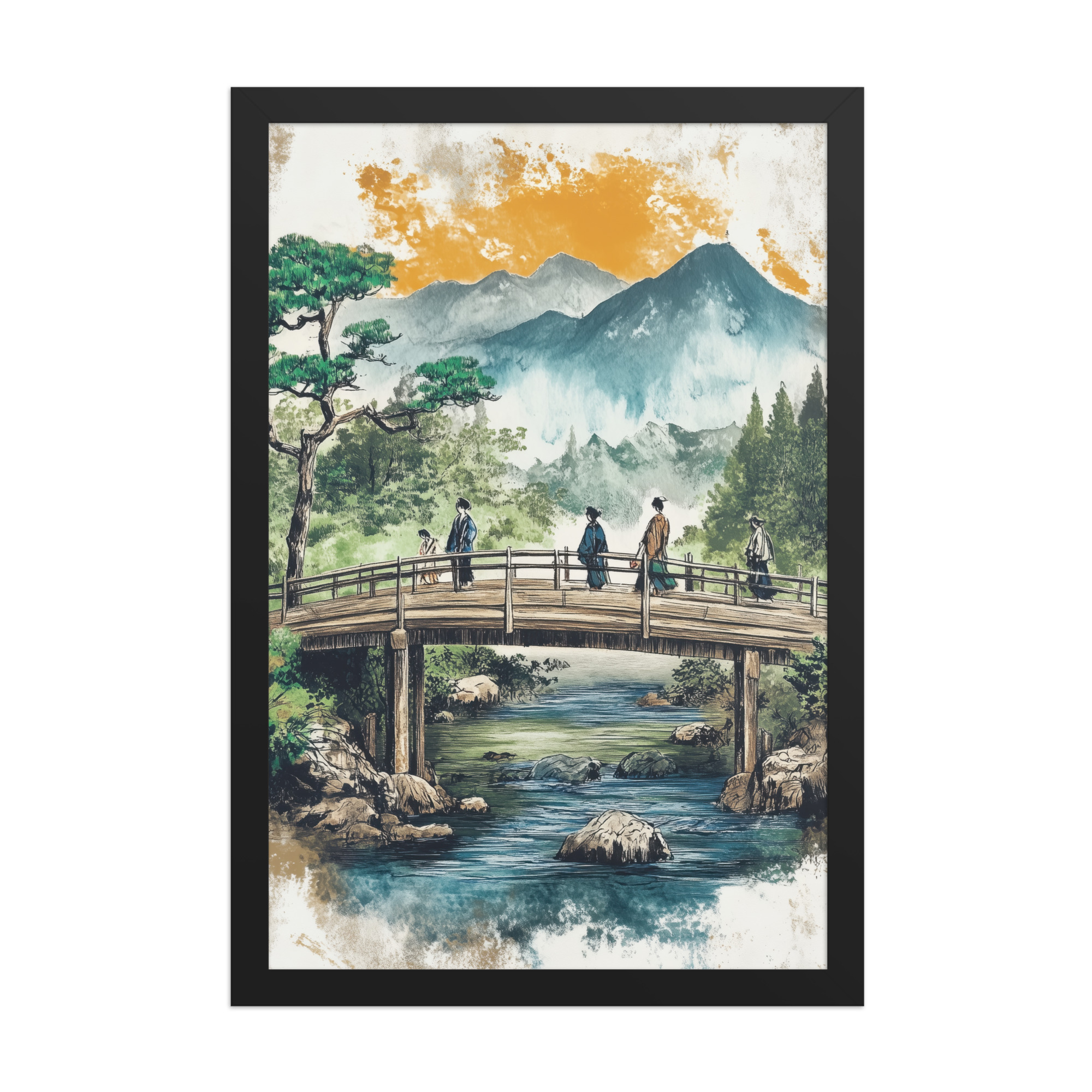 enhanced-matte-paper-framed-poster-in-black-12x18-front-68f9f20379548.jpg Bridge to the Highlands – Ukiyo-e Mountain Bridge Wall Art – Framed Poster - Image 4