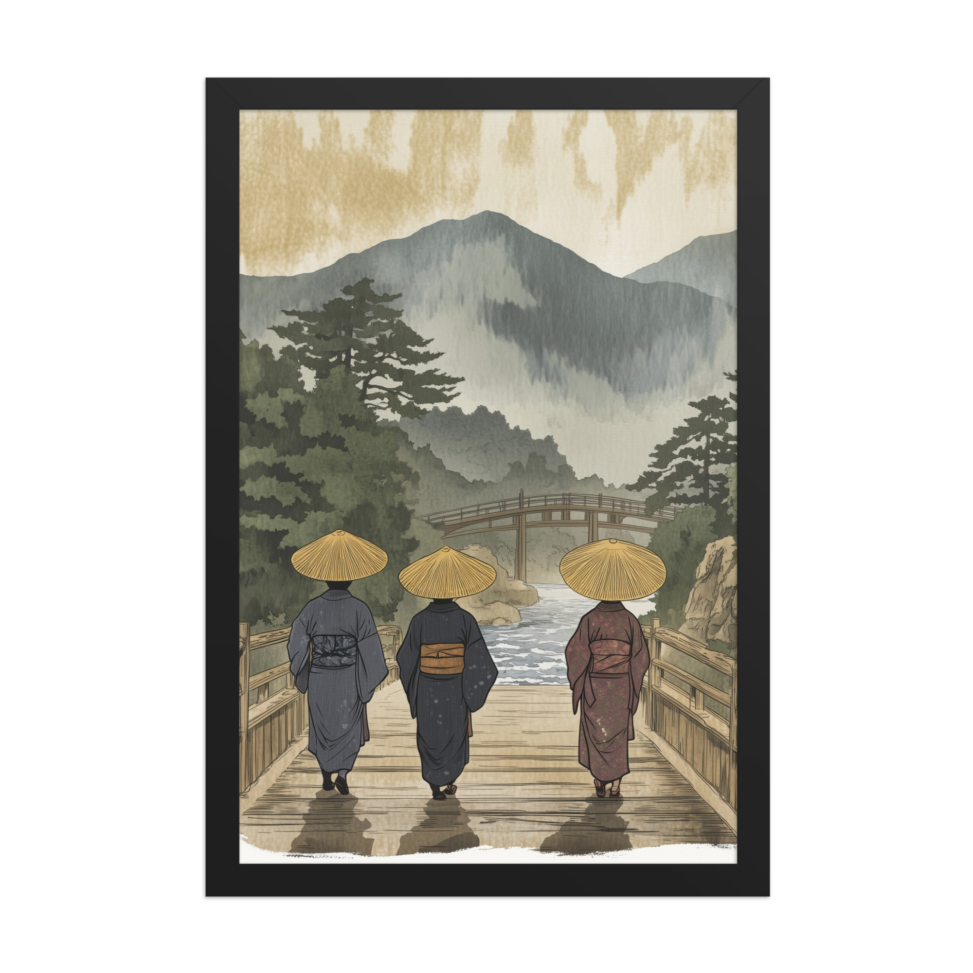 enhanced-matte-paper-framed-poster-in-black-12x18-front-68f9f30d7e4ab.jpg Morning Walk to the Temple – Ukiyo-e Wall Art Print – Framed Poster - Image 5