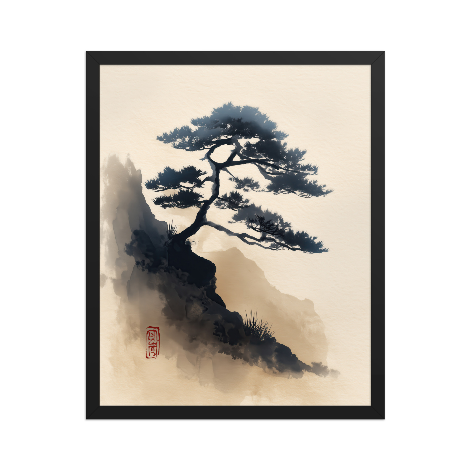 enhanced-matte-paper-framed-poster-in-black-16x20-front-68f87d0d3c269.jpg Mountain Pine in Soft Ink — Sumi-e Japanese Landscape Wall Decor — Framed Poster - Image 5