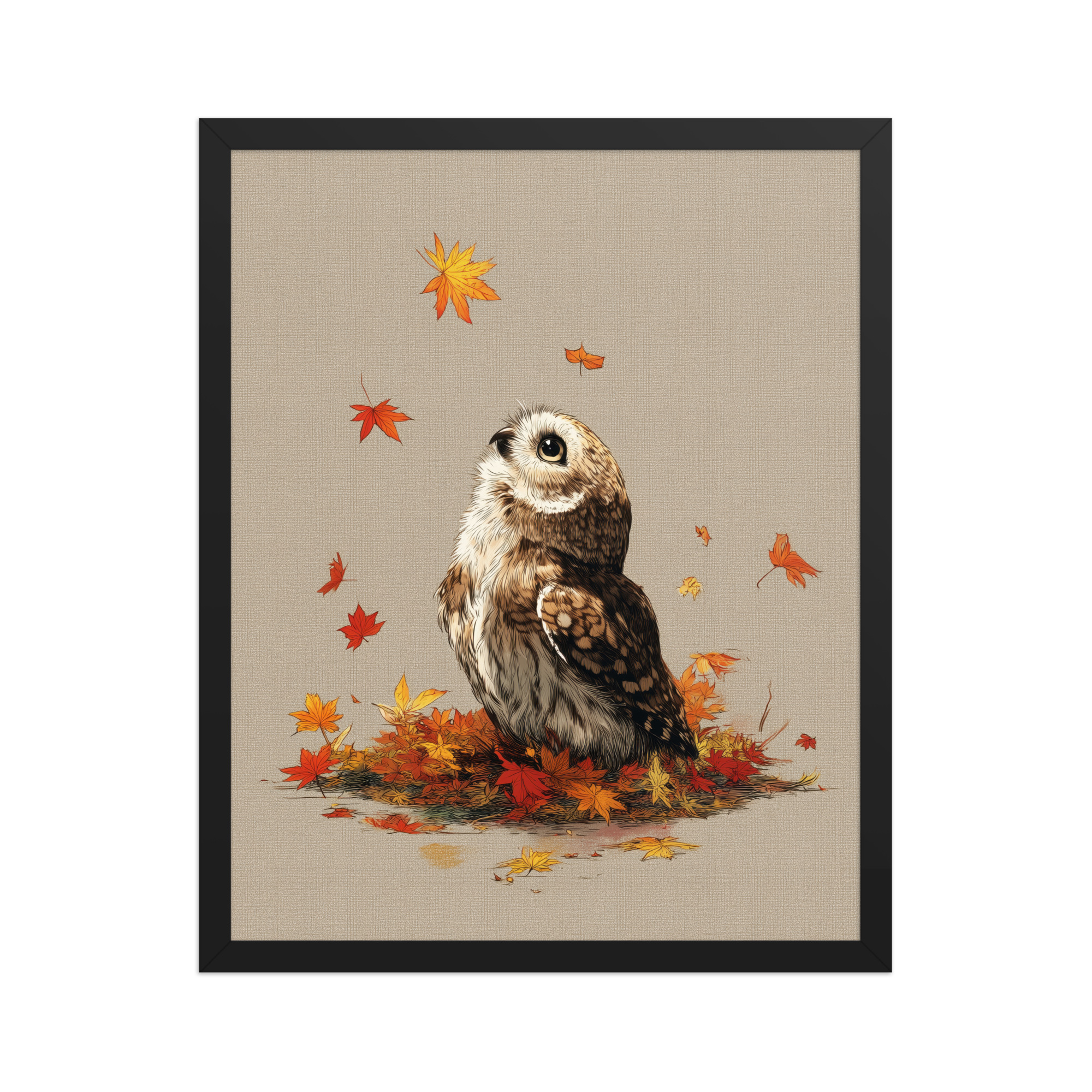 enhanced-matte-paper-framed-poster-in-black-16x20-front-68f89a1ad83a8.jpg Autumn Gaze Owl — Owl Illustration with Falling Leaves Wall Art — Framed Poster - Image 5