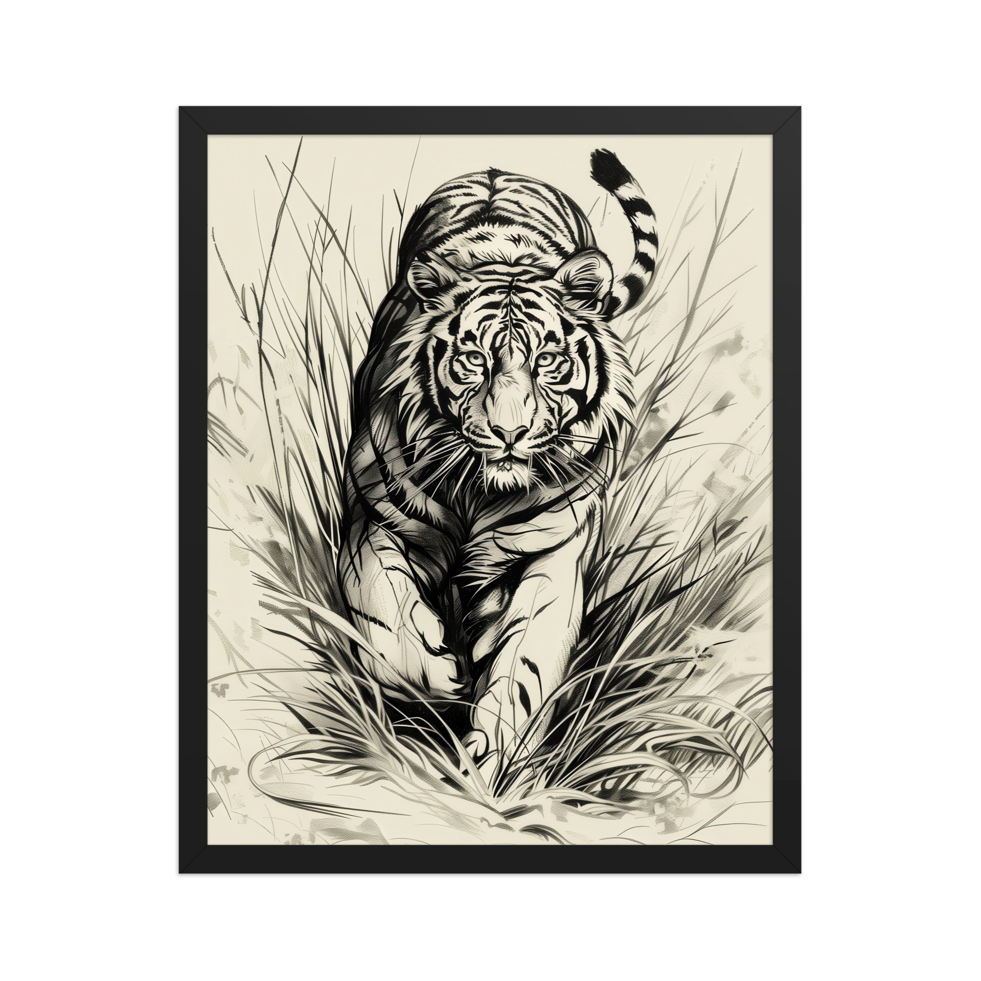 enhanced-matte-paper-framed-poster-in-black-16x20-front-68f89b4893902.jpg Tiger in Brush — Monochrome Ink Bengal Tiger Wall Art — Framed Poster - Image 2