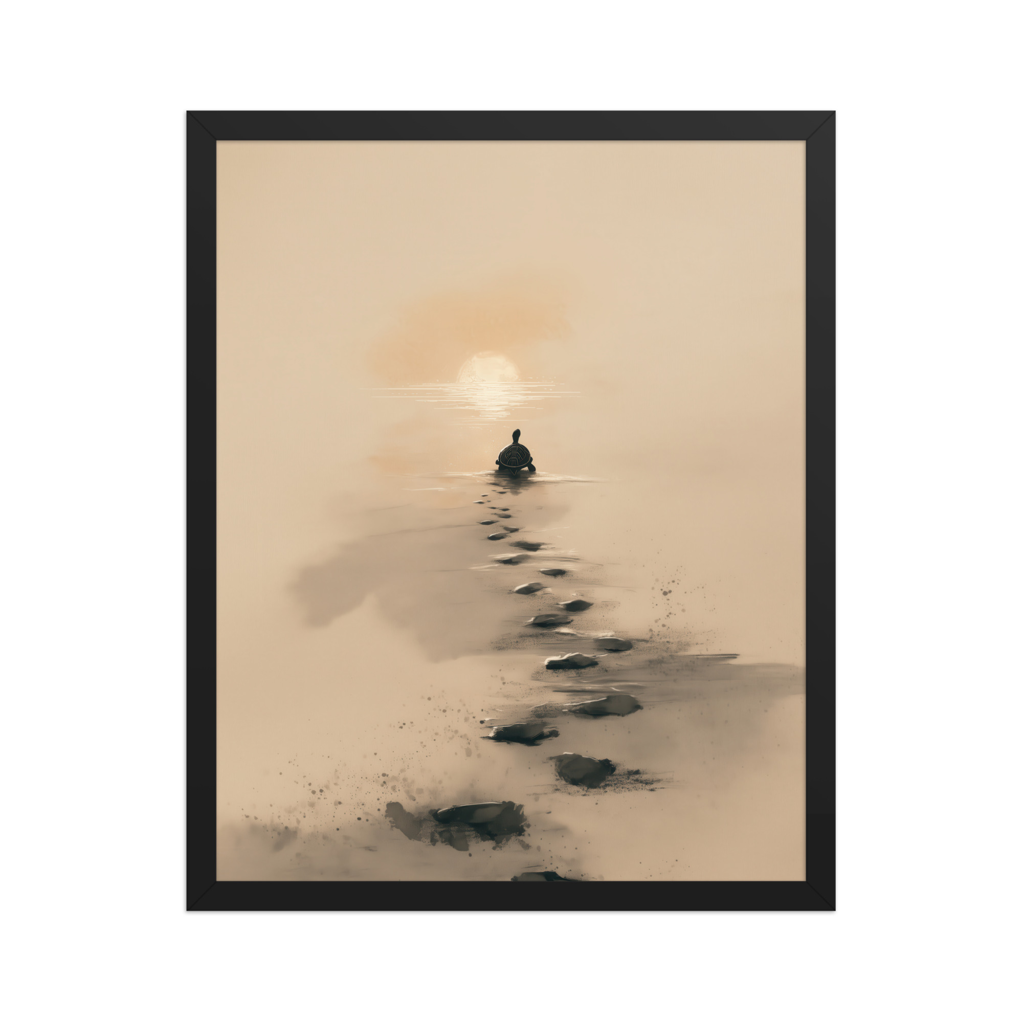 enhanced-matte-paper-framed-poster-in-black-16x20-front-68f8a9c685687.jpg Turtle Sunset Path — Minimalist Japandi Turtle with Footprints Beach Sunset Wall Decor — Framed Poster - Image 6